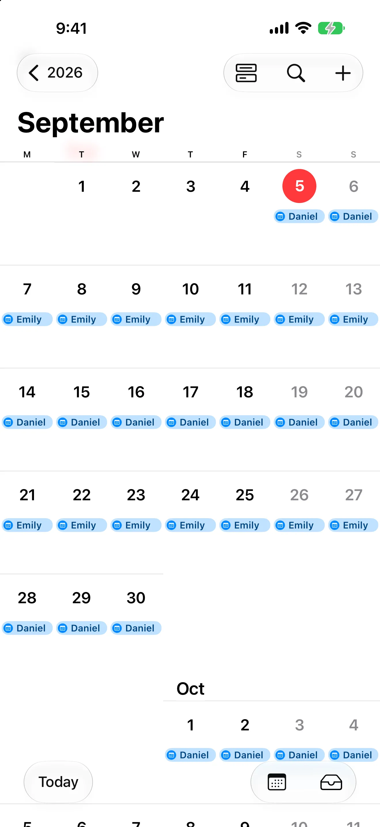 Apple Calendar month view of September with an all-day Alternate event on every day reading Daniel or Emily, showing the exported custody schedule