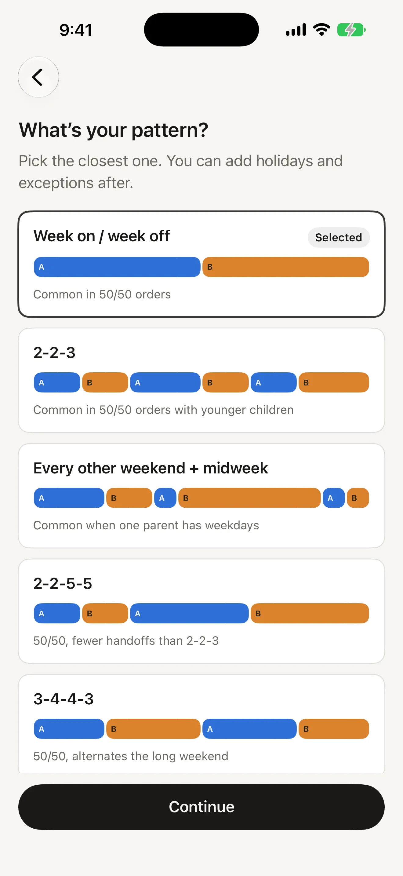 Alternate pattern picker asking What’s your pattern, with cards for week on / week off, 2-2-3, every other weekend plus midweek, 2-2-5-5 and 3-4-4-3, each drawn as blue and amber blocks