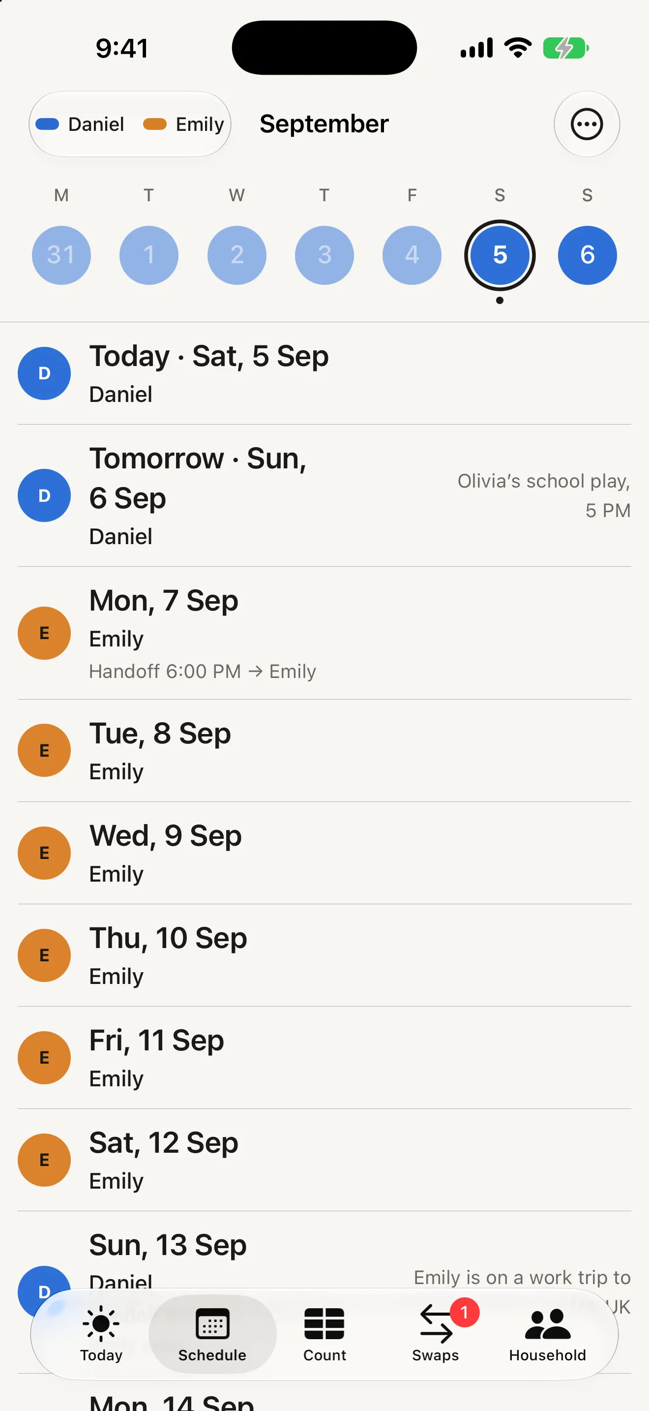 Alternate Schedule screen for September with a week strip of blue day discs, a list of days naming Daniel or Emily, a handoff line on Monday and notes in the right-hand column