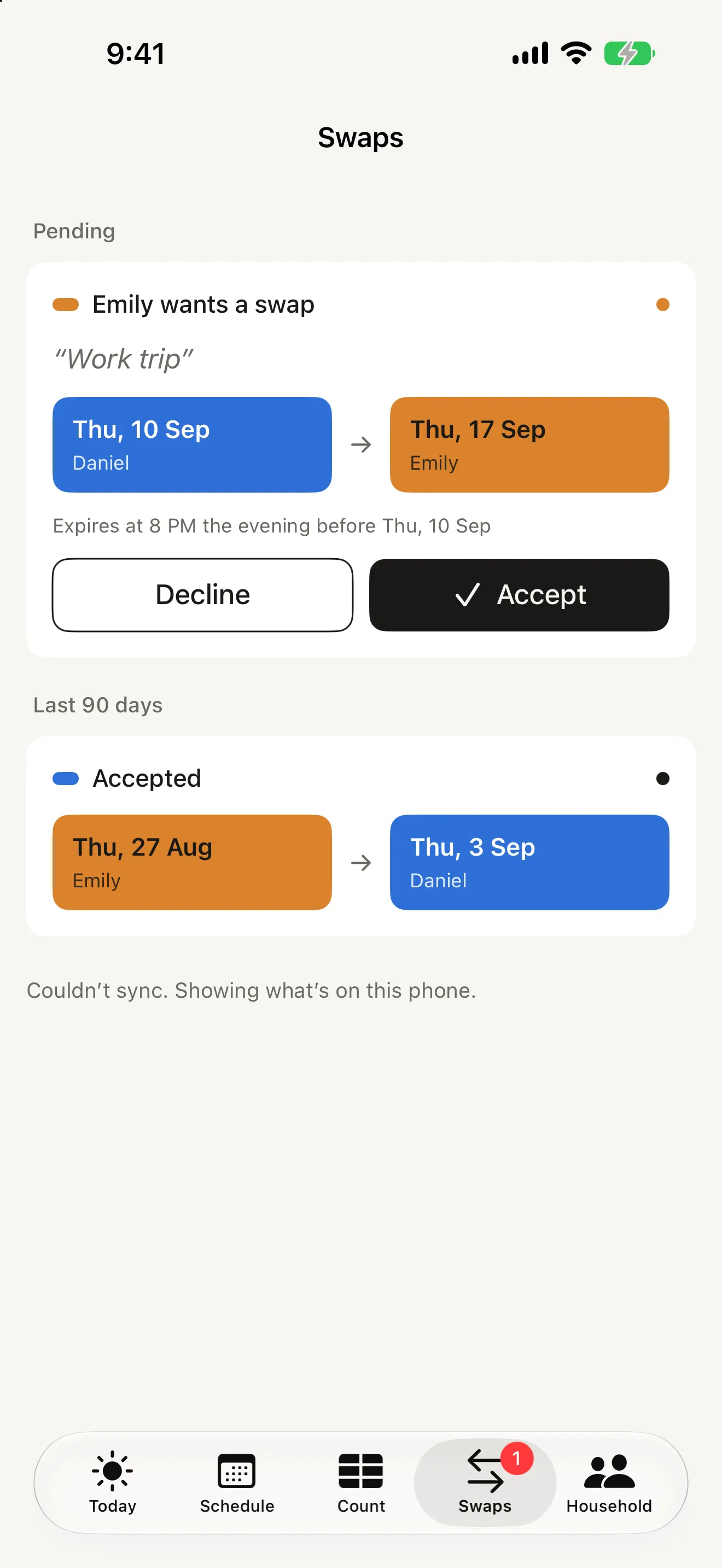 Alternate Swaps screen with a pending request from Emily reading Work trip, Thursday 10 September for Thursday 17 September, an expiry line, and Decline and Accept buttons