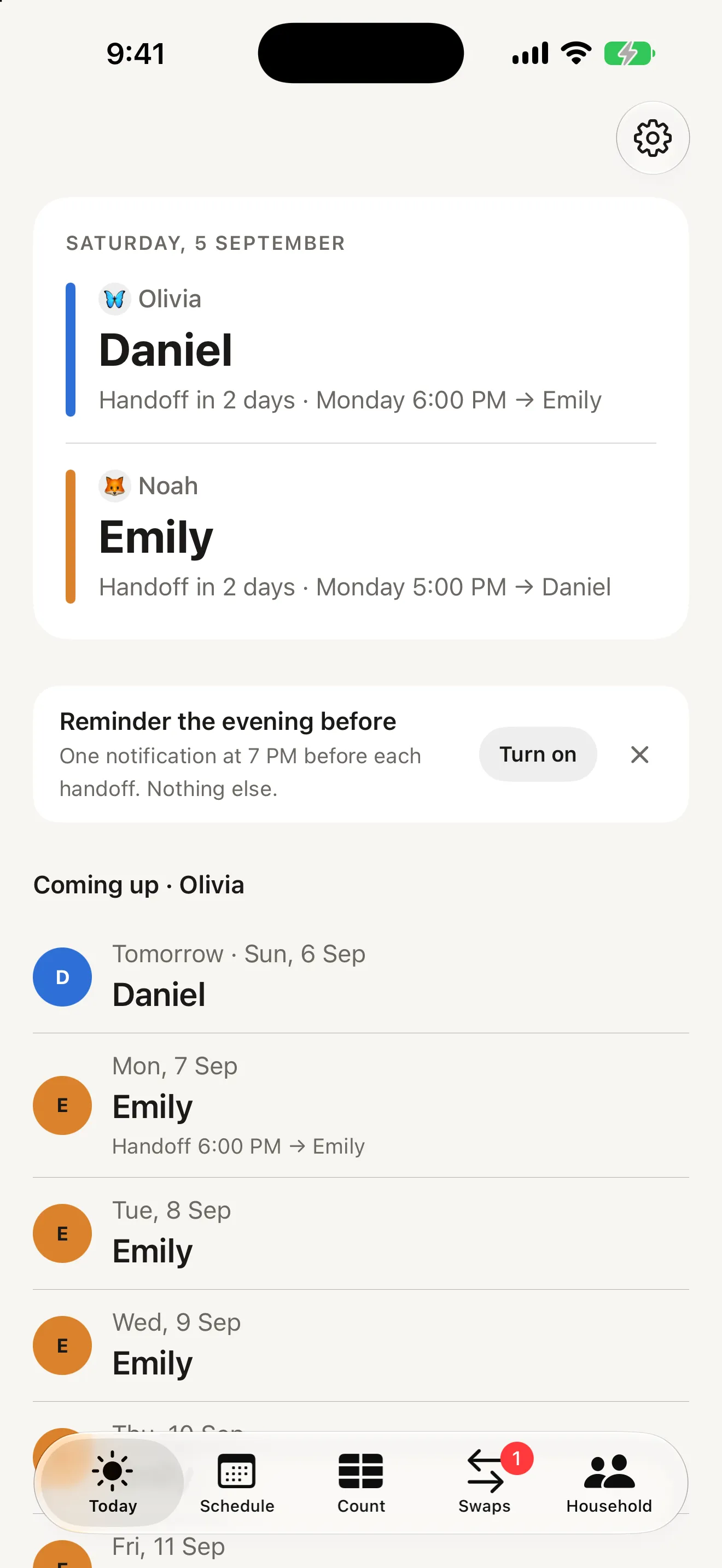 Alternate Today screen for a split household showing Olivia with Daniel and Noah with Emily, each with their own handoff time, and Coming up for Olivia listed below
