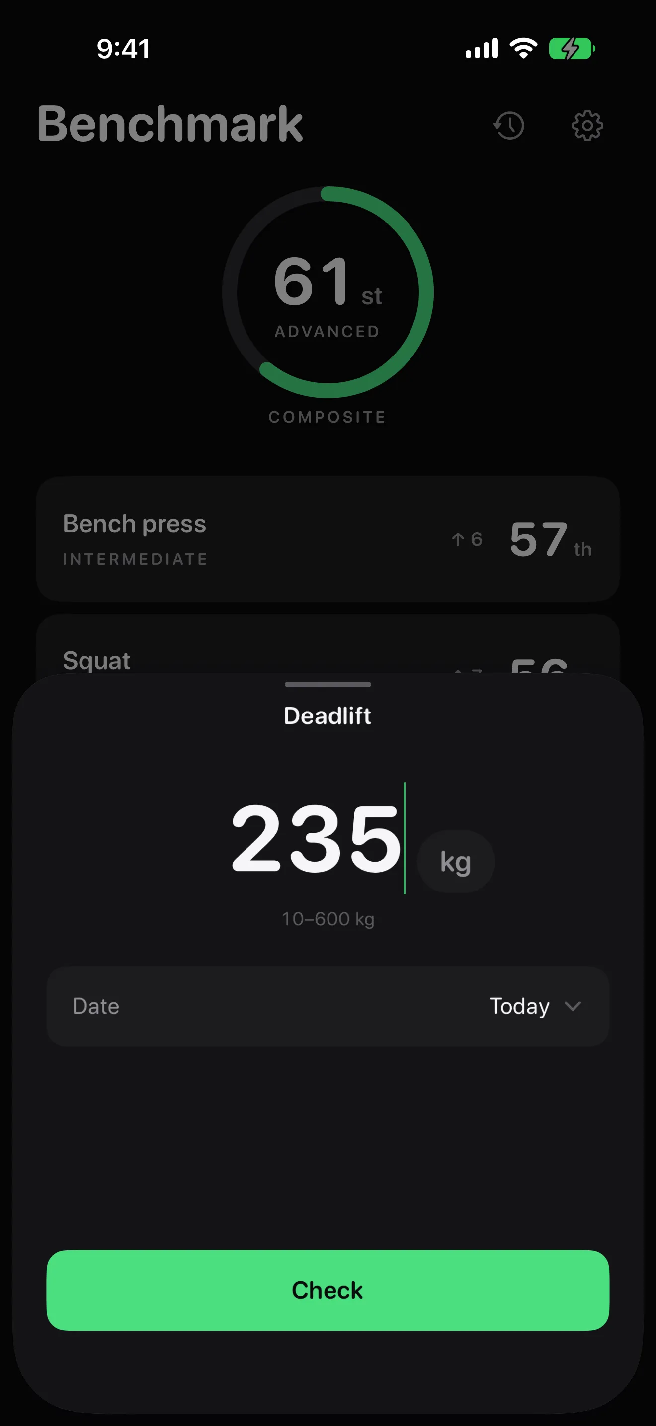 Benchmark lift entry sheet with a large numeric weight field, kg toggle and Check button