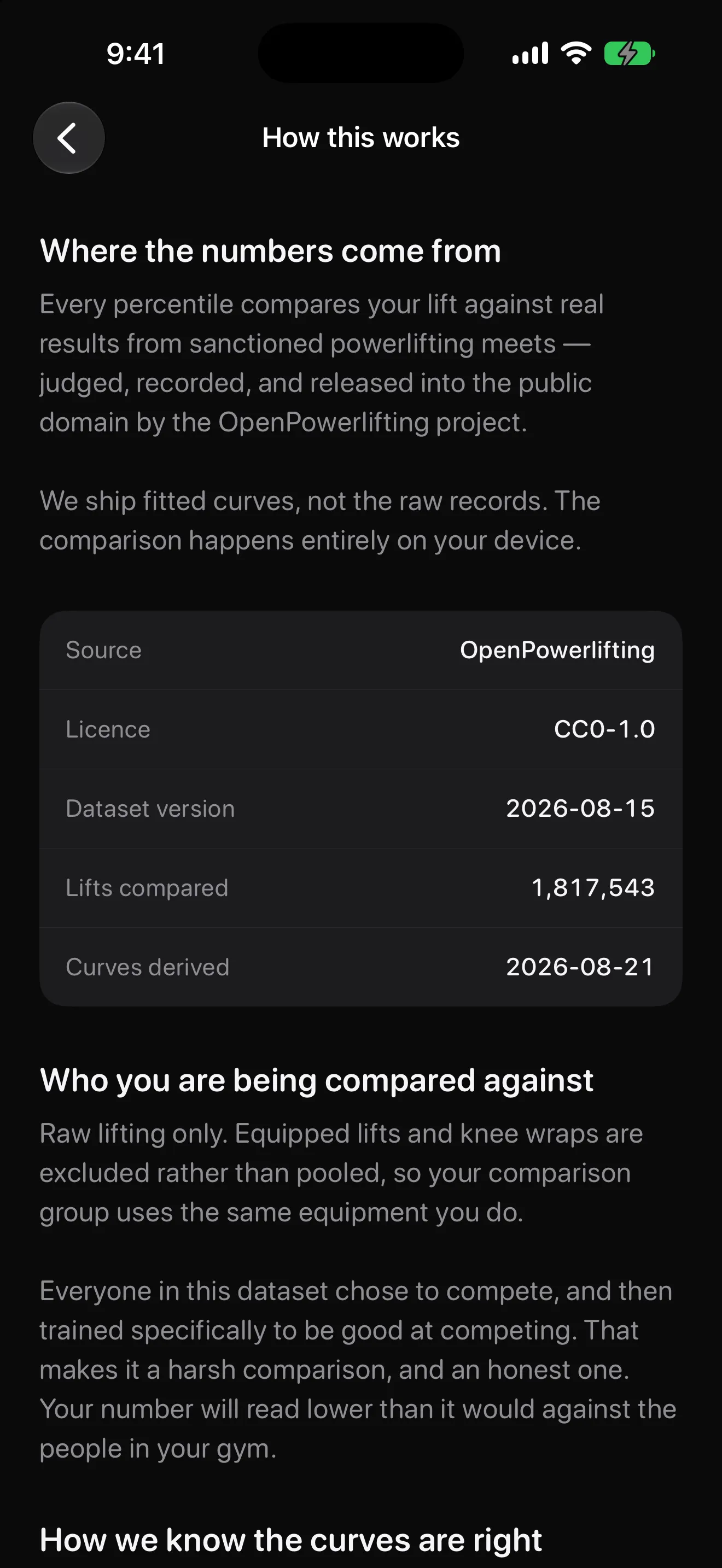 Benchmark How This Works screen naming the OpenPowerlifting dataset, licence, version and sample size