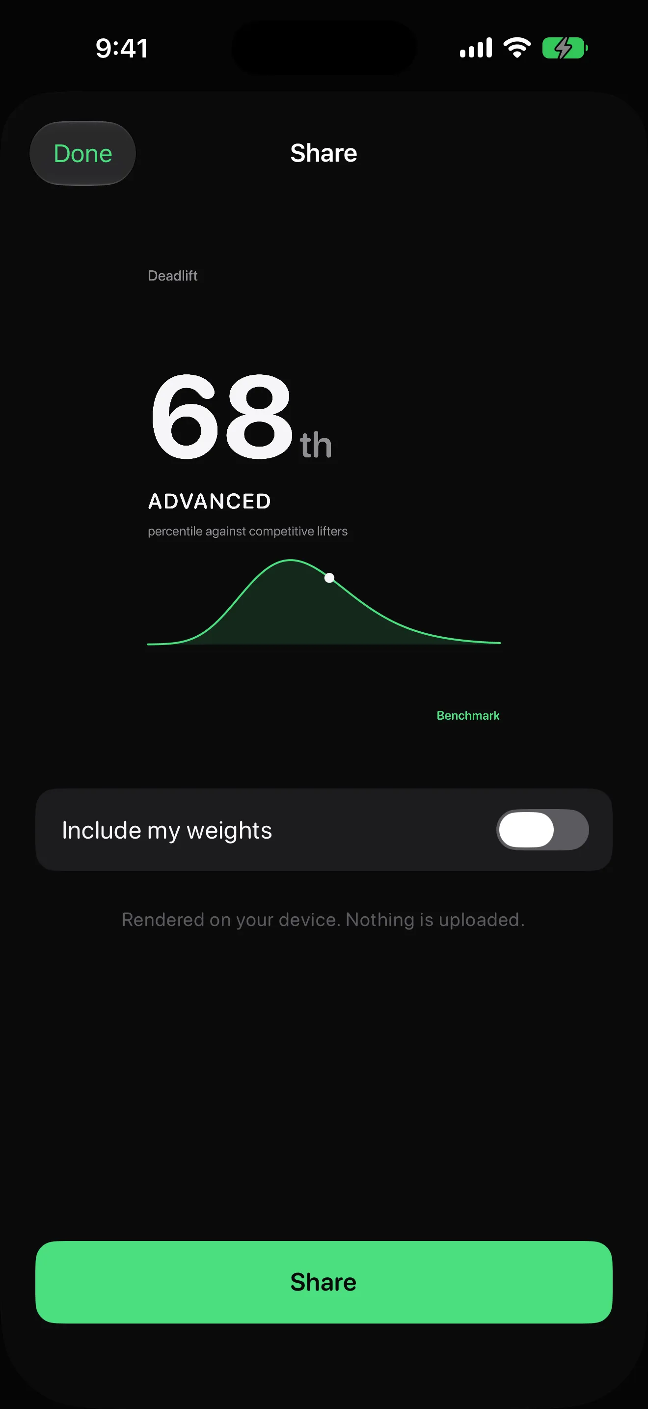 Benchmark share card preview with the weights toggle off and a note that cards render on-device