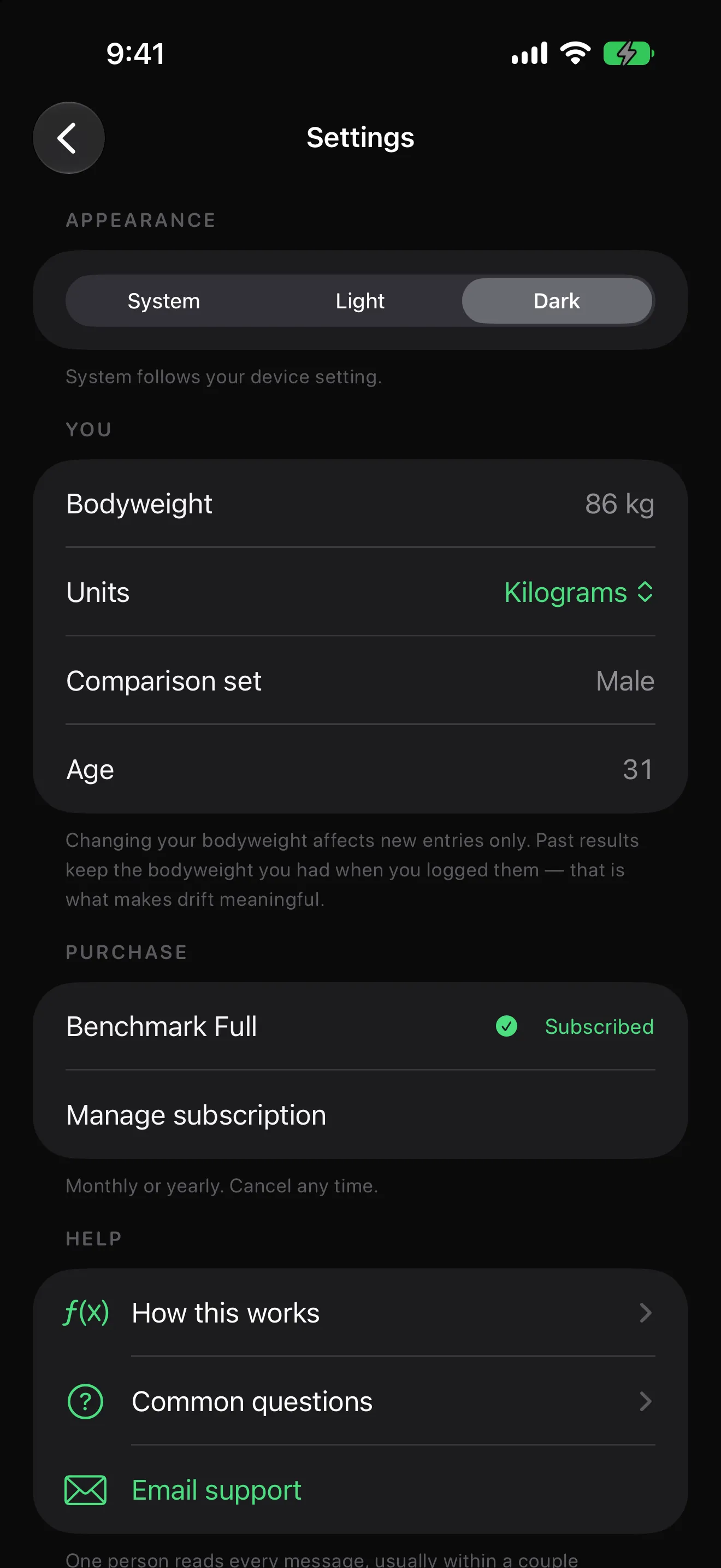 Benchmark settings screen with bodyweight, units, comparison set, age and a note that past results keep their logged bodyweight