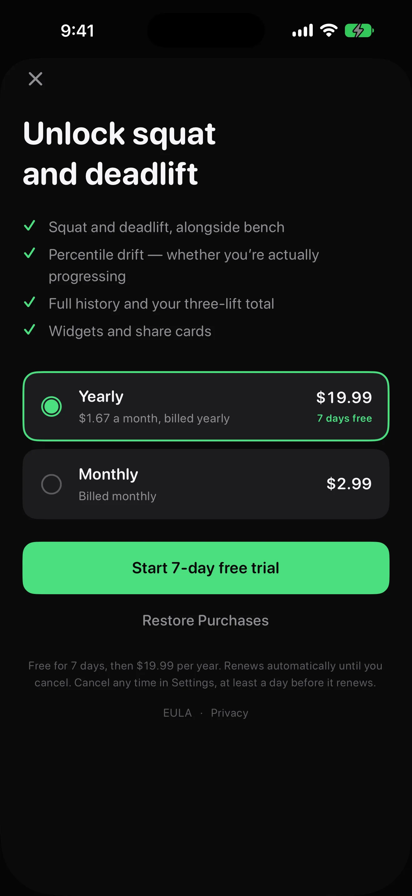 Benchmark paywall offering yearly and monthly plans with a 7-day free trial and renewal terms stated on the screen