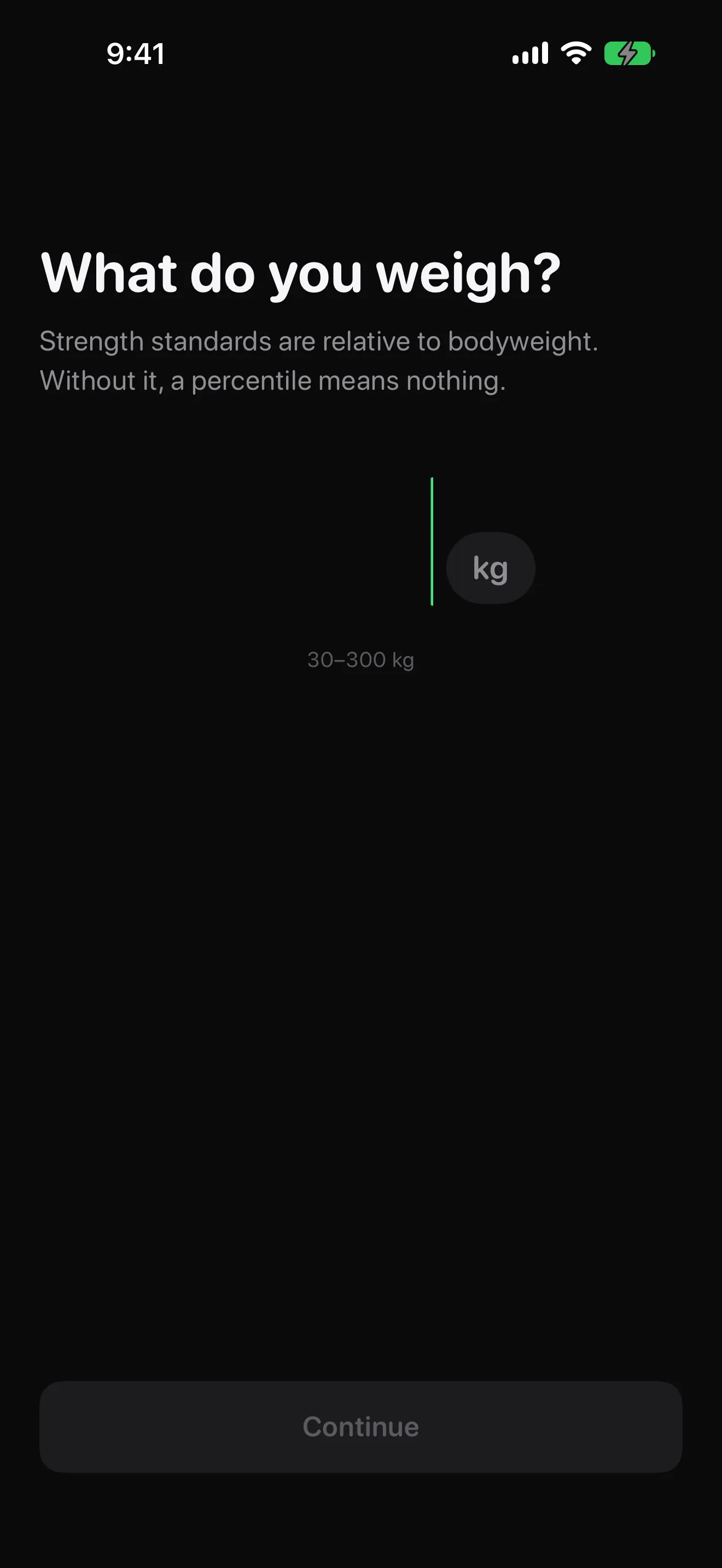 Benchmark onboarding screen asking for bodyweight with a kg toggle and the caption that strength standards are relative to bodyweight