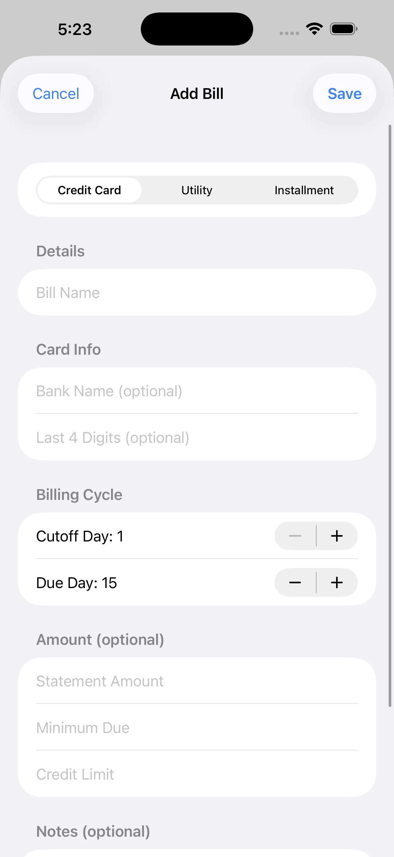 BillWise add bill form with credit card, utility, and installment types