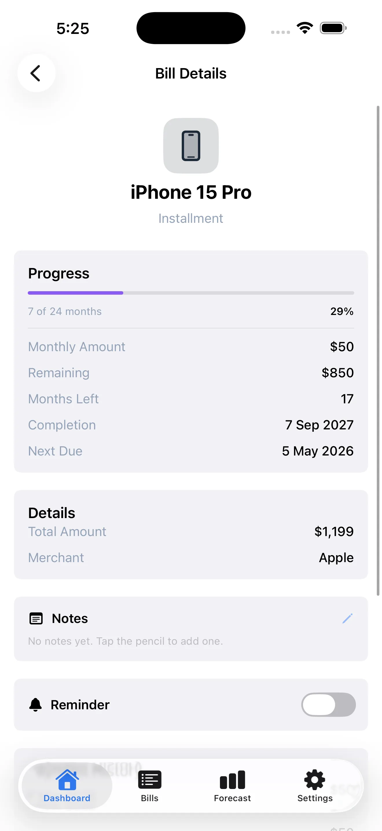 BillWise bill detail with reminder and comment