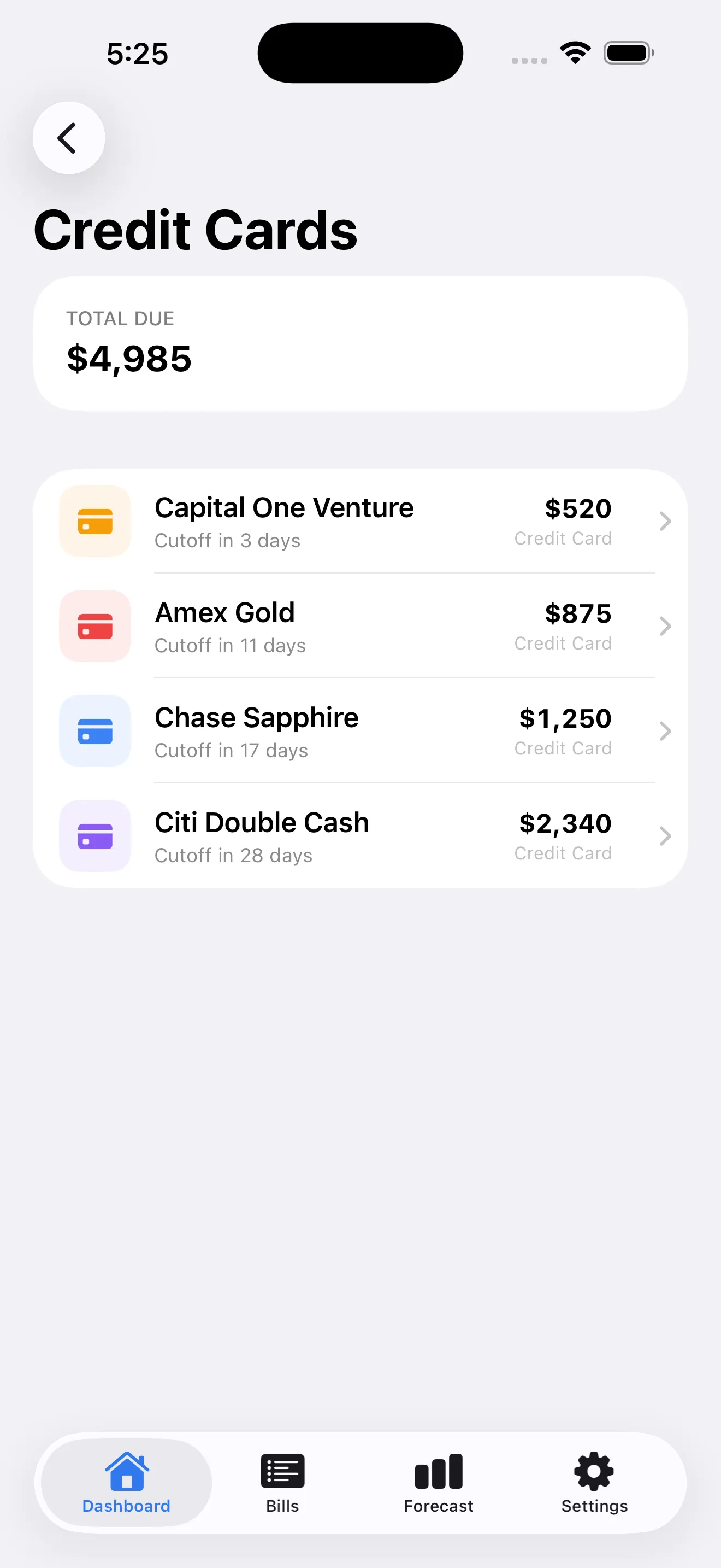 BillWise credit card tab with cutoff and due dates