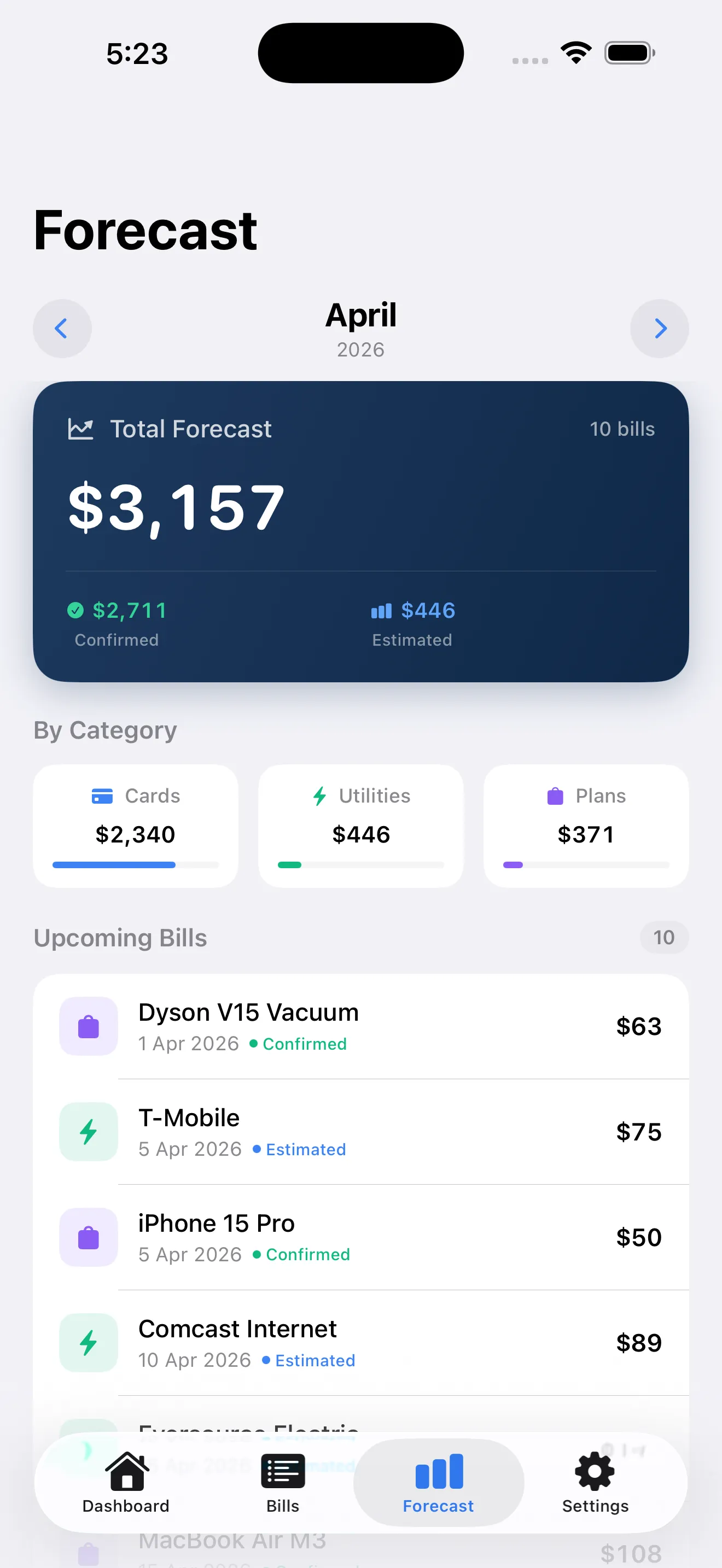 BillWise forecast view with monthly expense projection