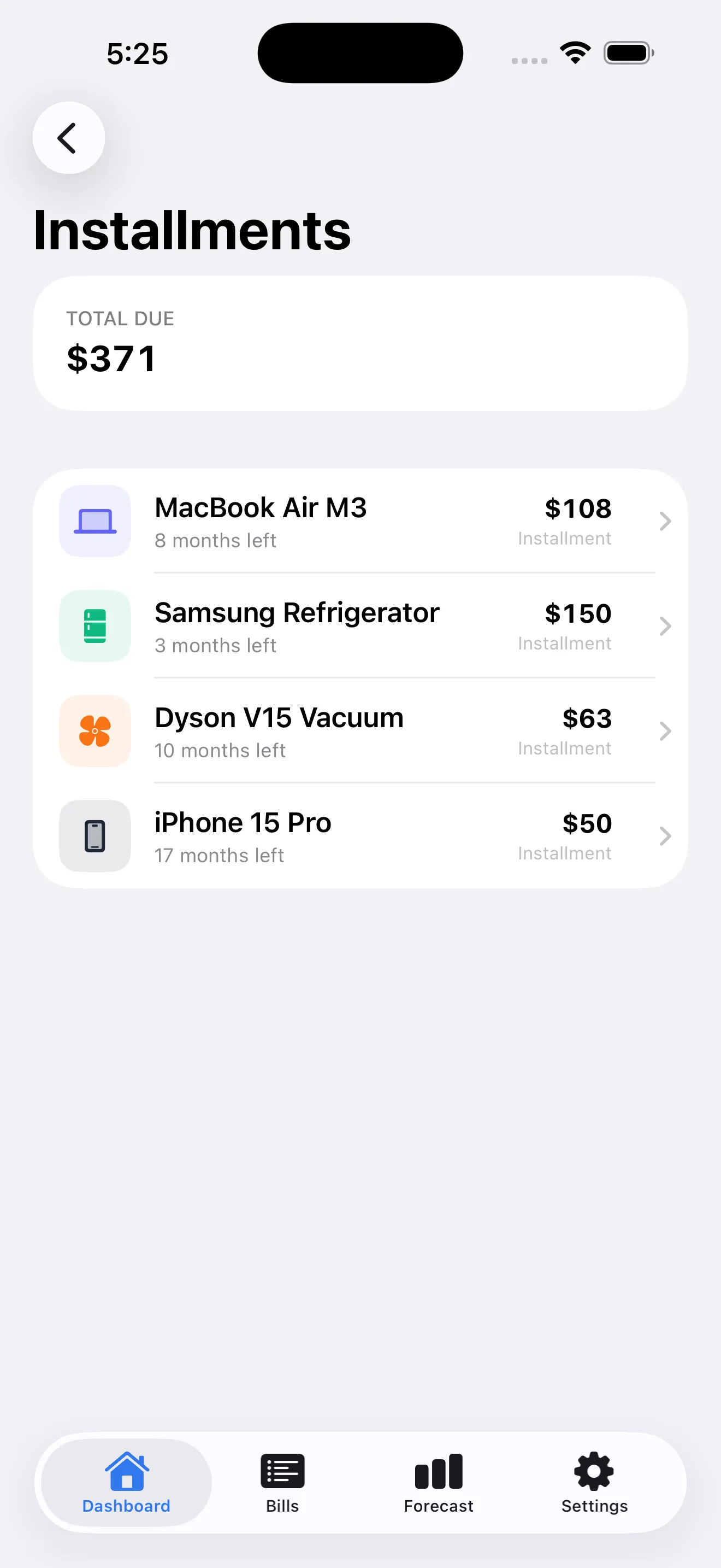 BillWise installment tab with progress tracking