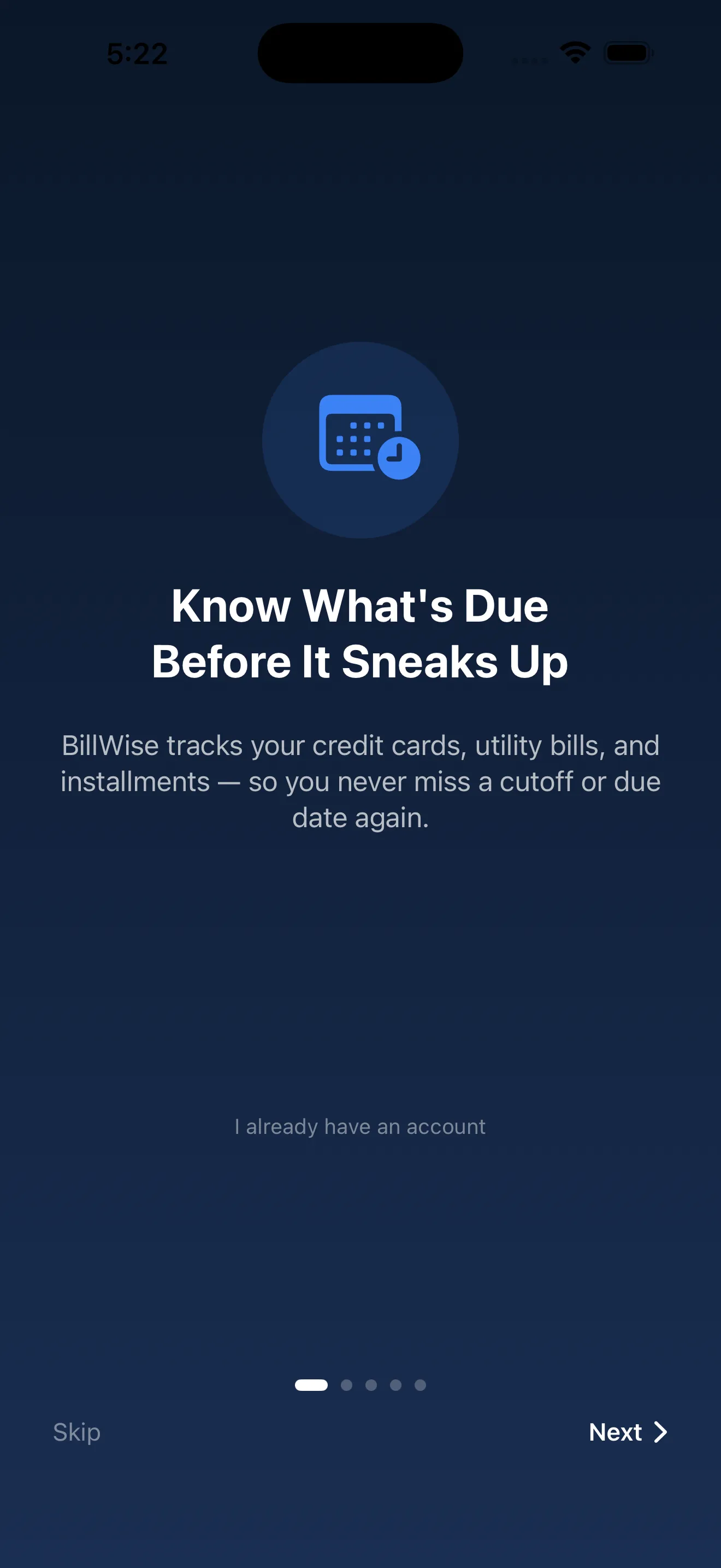 BillWise onboarding \x{2014} Know what is due before it sneaks up