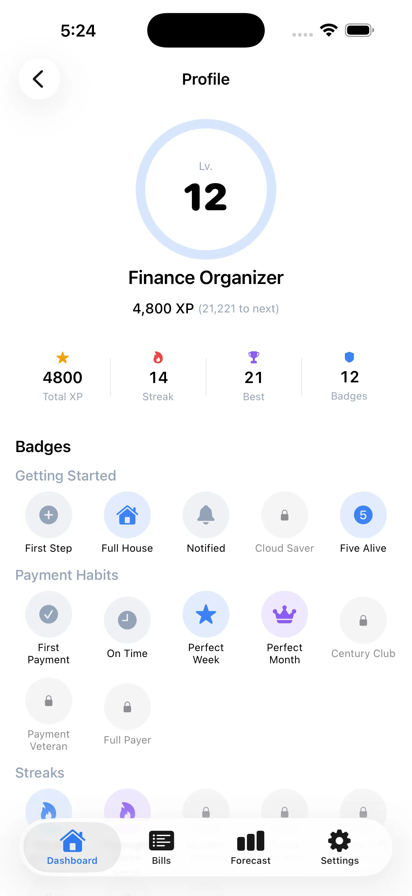 BillWise profile with level, XP, streak, and badges