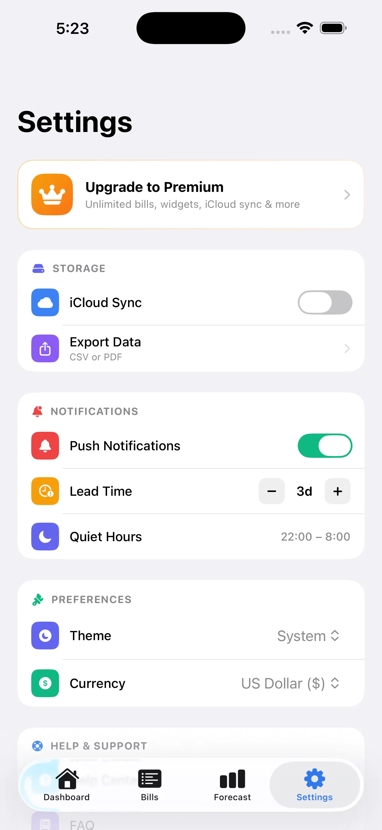 BillWise settings with Premium, iCloud sync, and notifications
