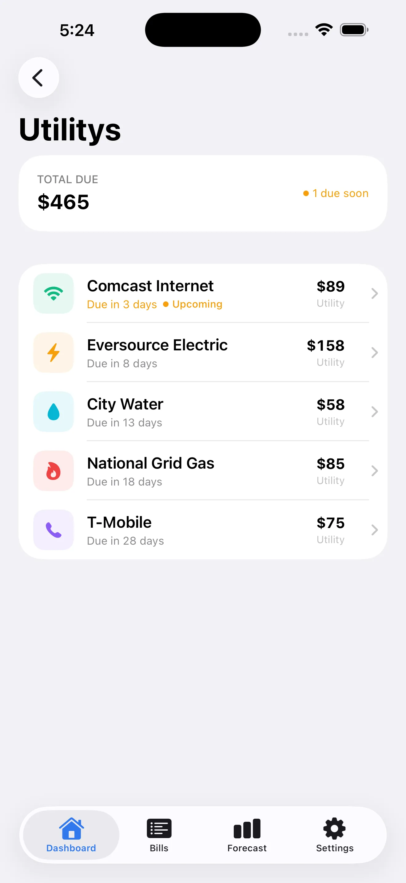 BillWise utility bill tab with billing cycles