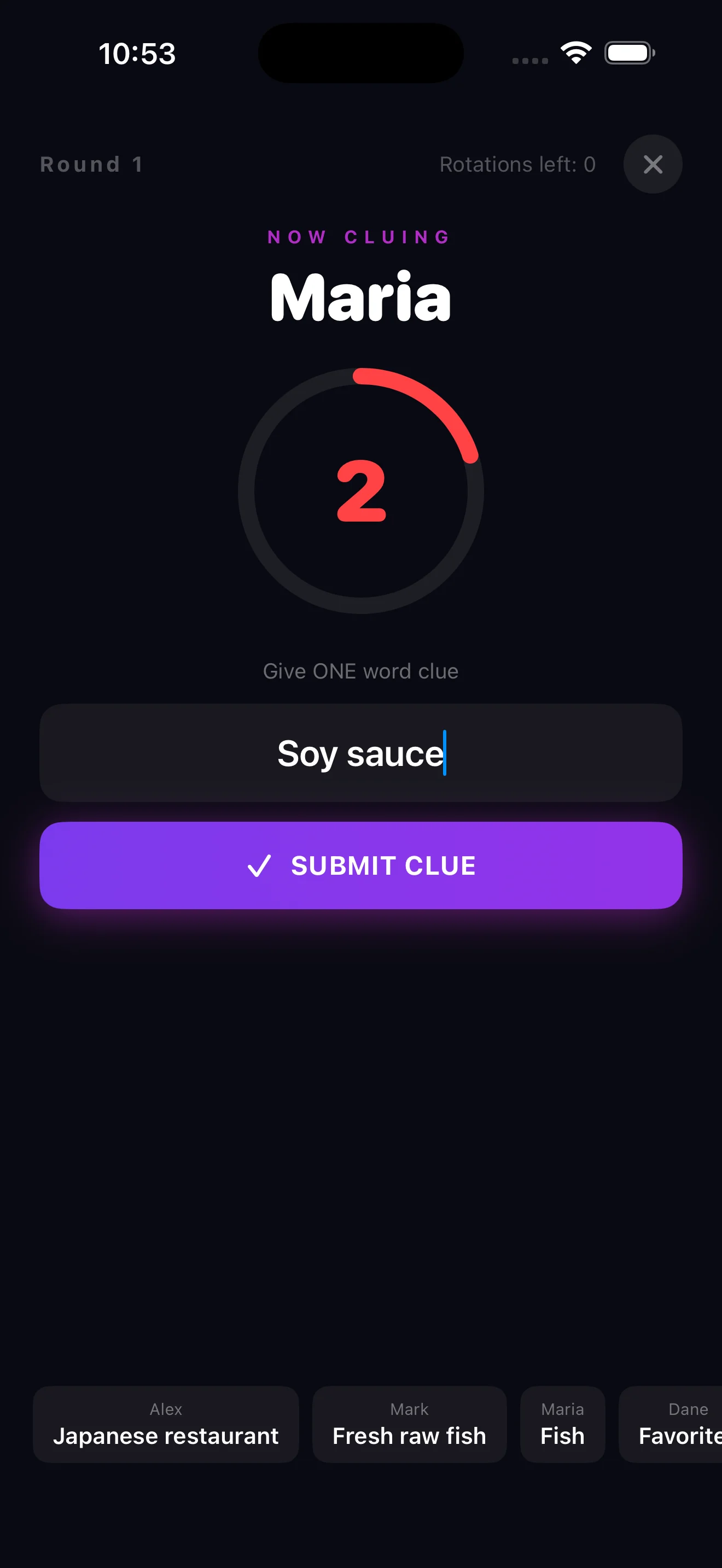 Blend In! clue round with countdown timer