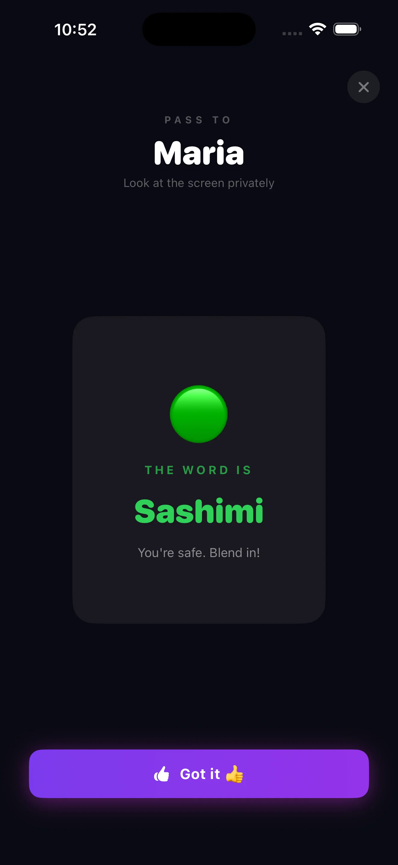 Blend In! safe player screen showing the secret word