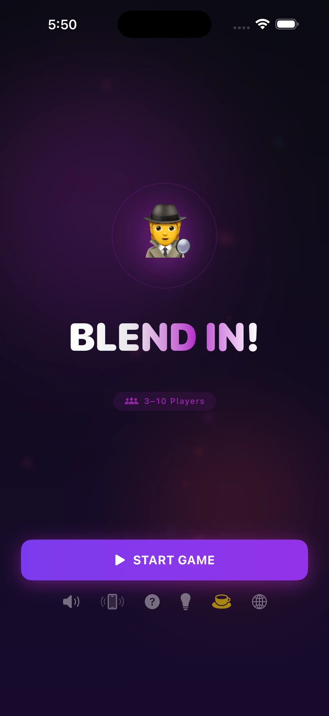 Blend In! home screen with Start Game button and party vibes