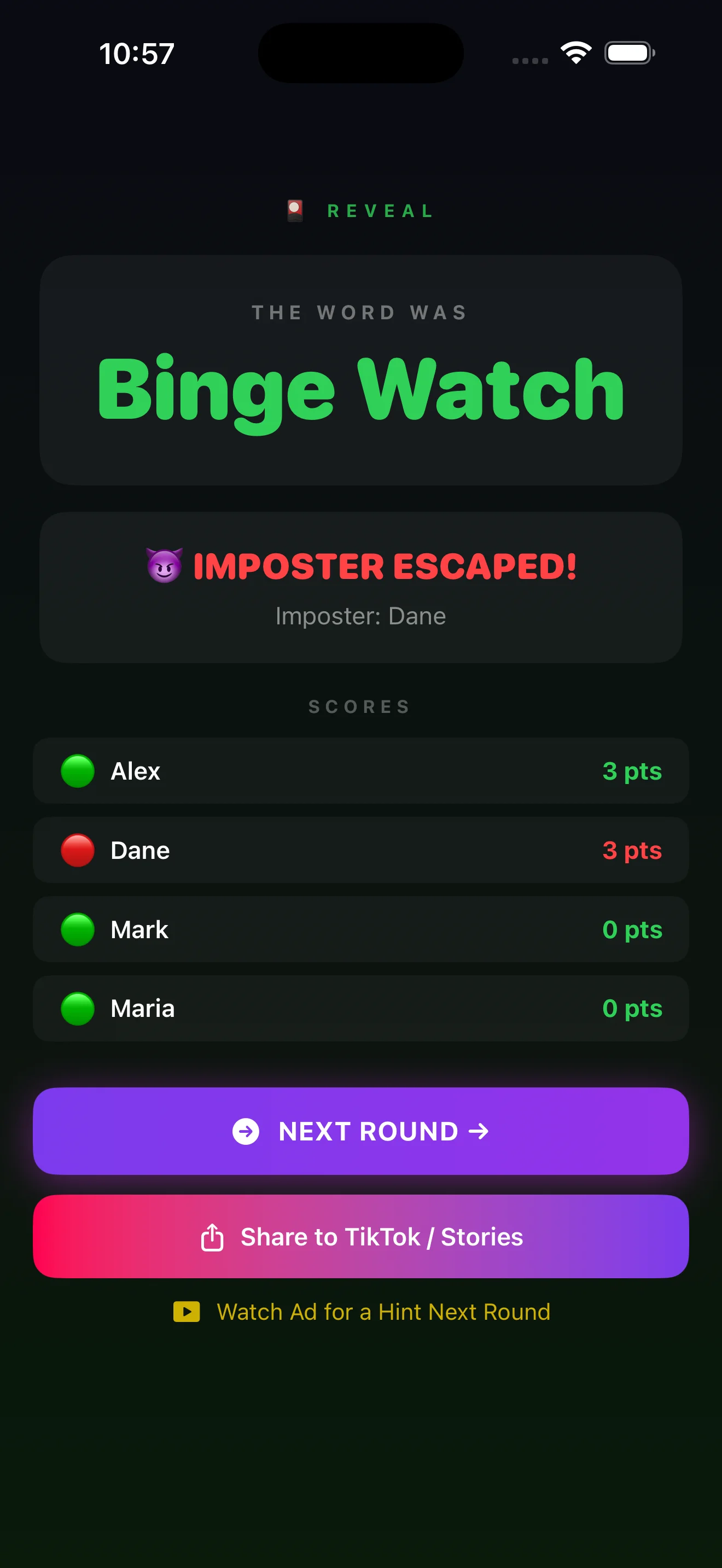 Blend In! reveal and scoreboard with shareable result card