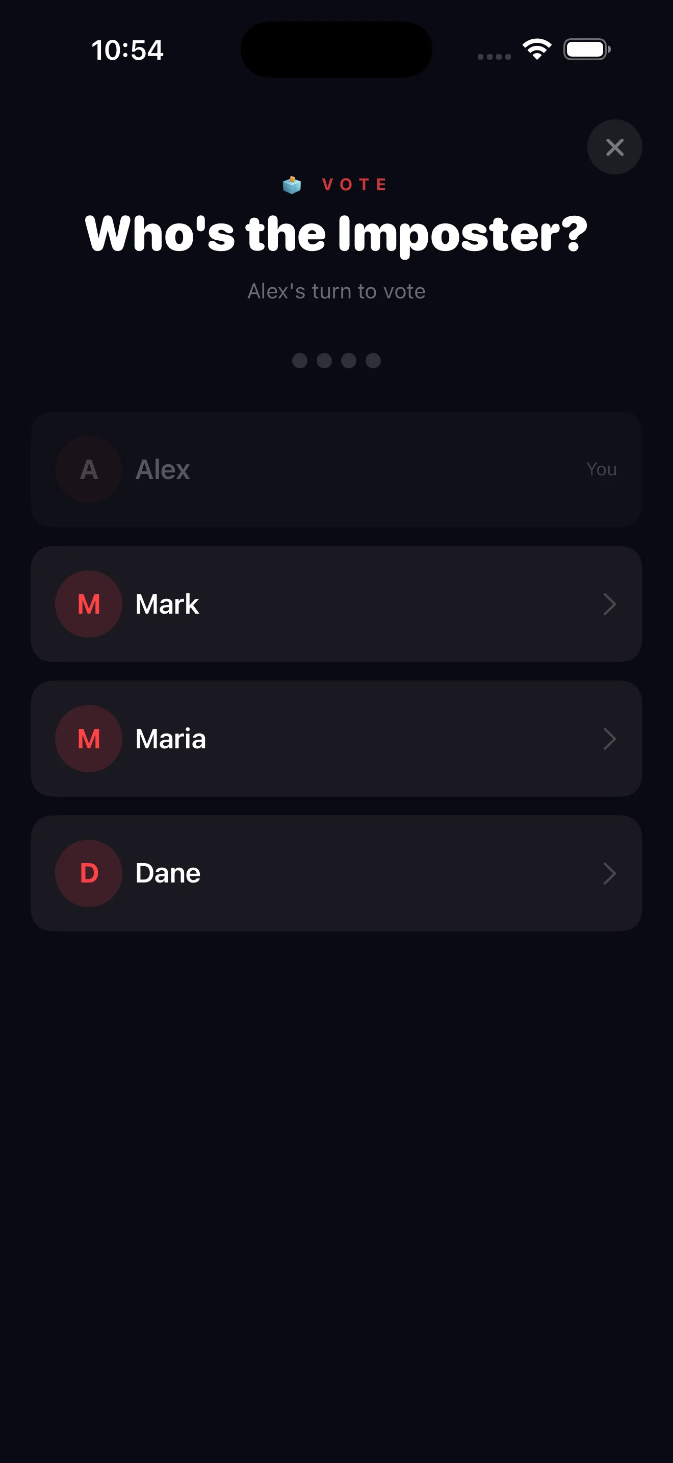 Blend In! voting screen \u{2014} choose who you suspect