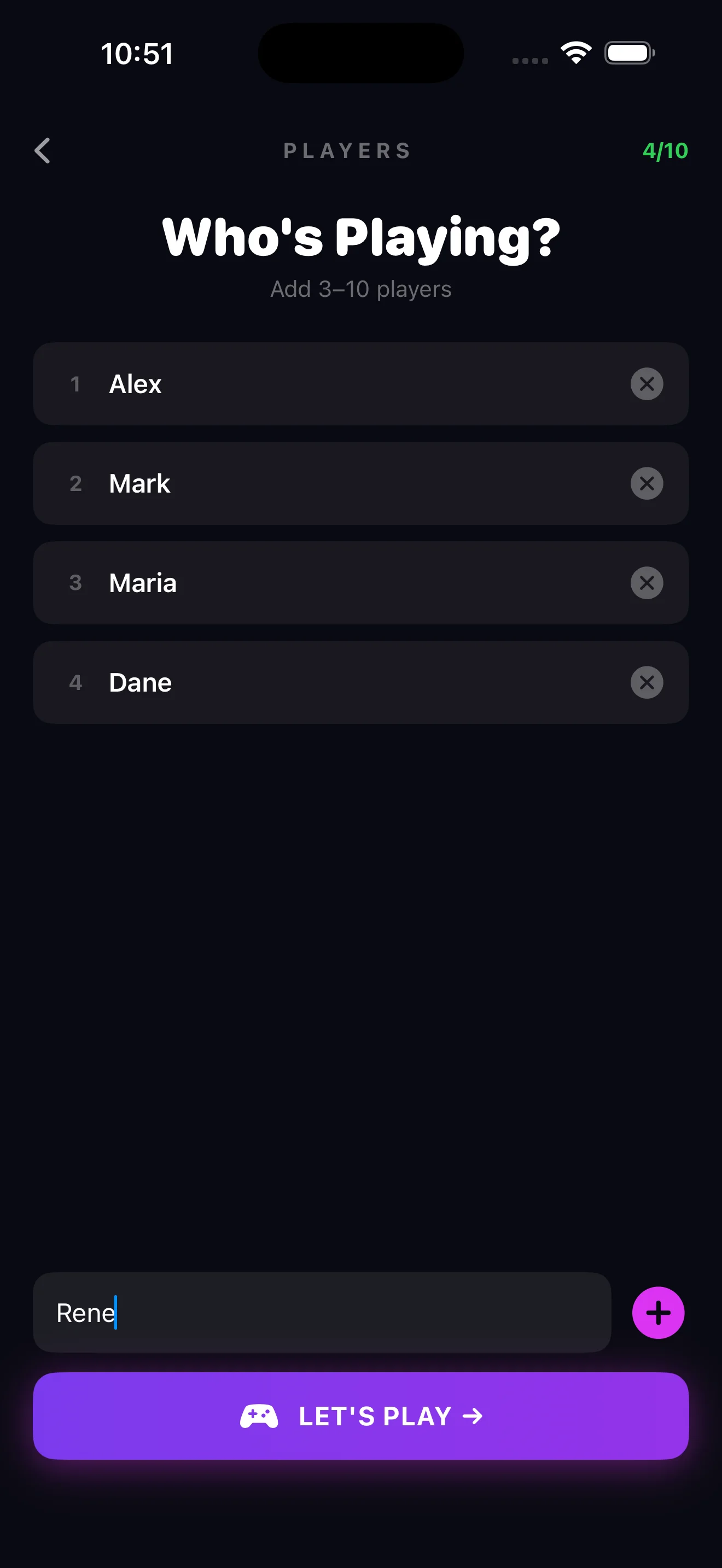 Blend In! player entry screen \u{2014} add 3\u{2013}10 player names