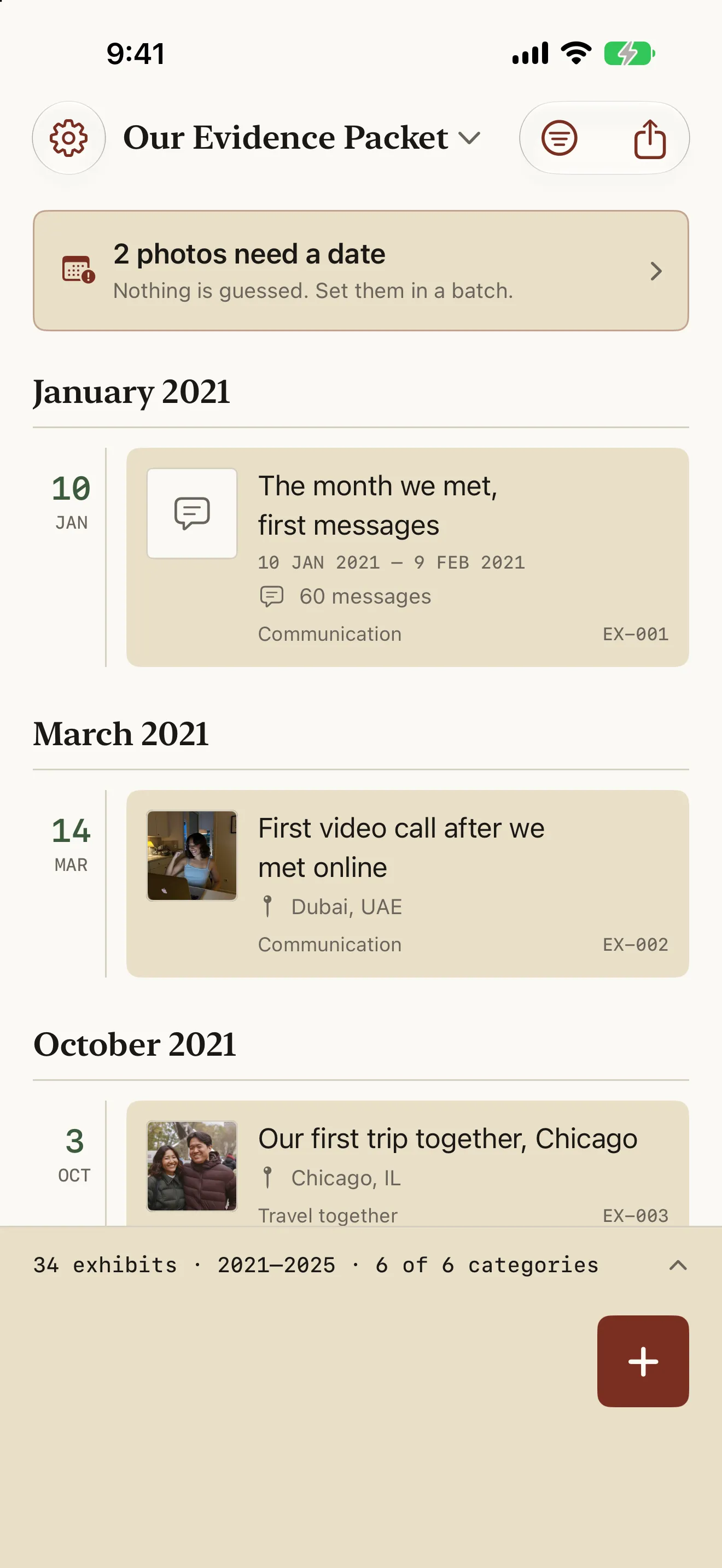 Bona Fide timeline grouped by month, showing exhibits EX-001 to EX-003 with thumbnails, captions, places and categories, and a bar reading 34 exhibits · 2021–2025 · 6 of 6 categories