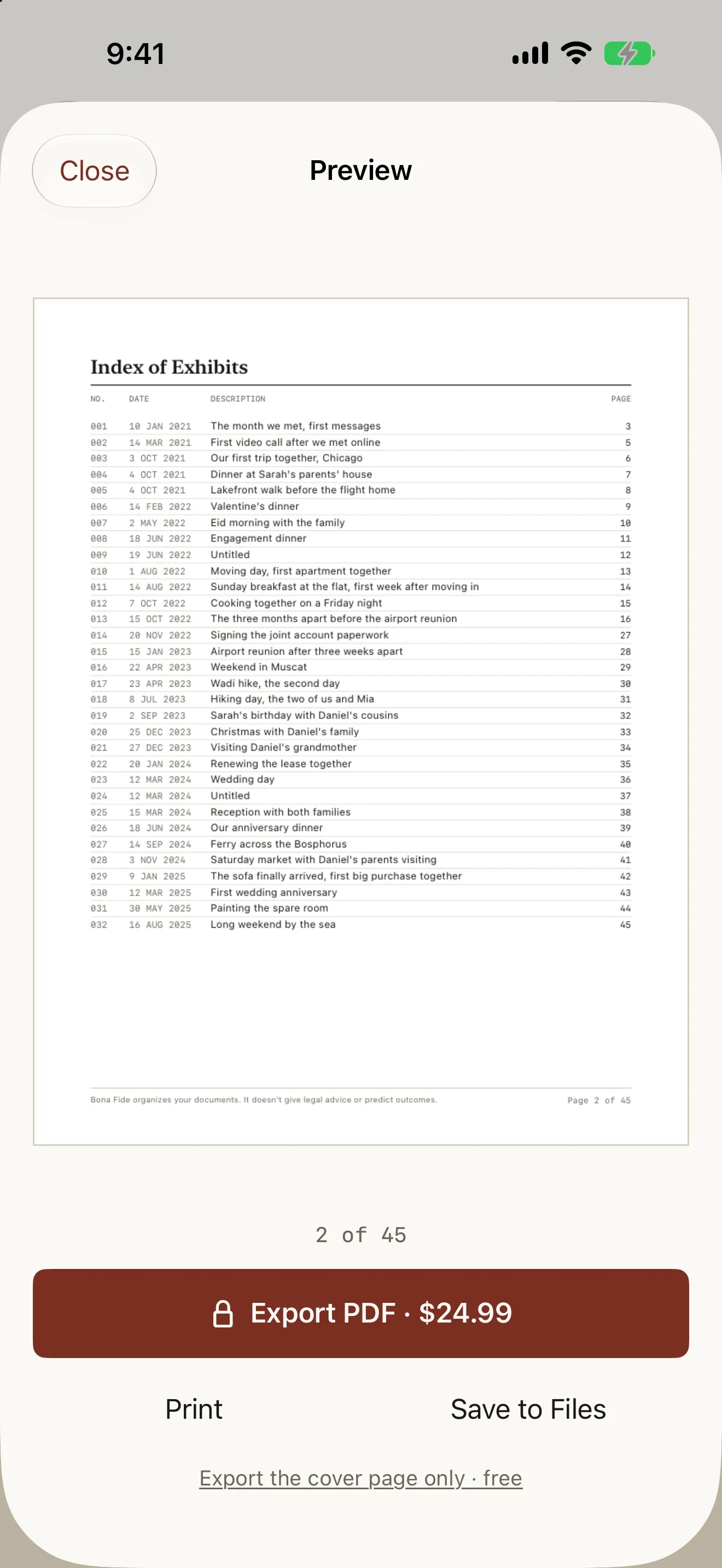Bona Fide PDF index of exhibits listing 32 numbered entries with dates from January 2021 to August 2025, descriptions such as "Moving day, first apartment together" and "Signing the joint account paperwork", and their page numbers