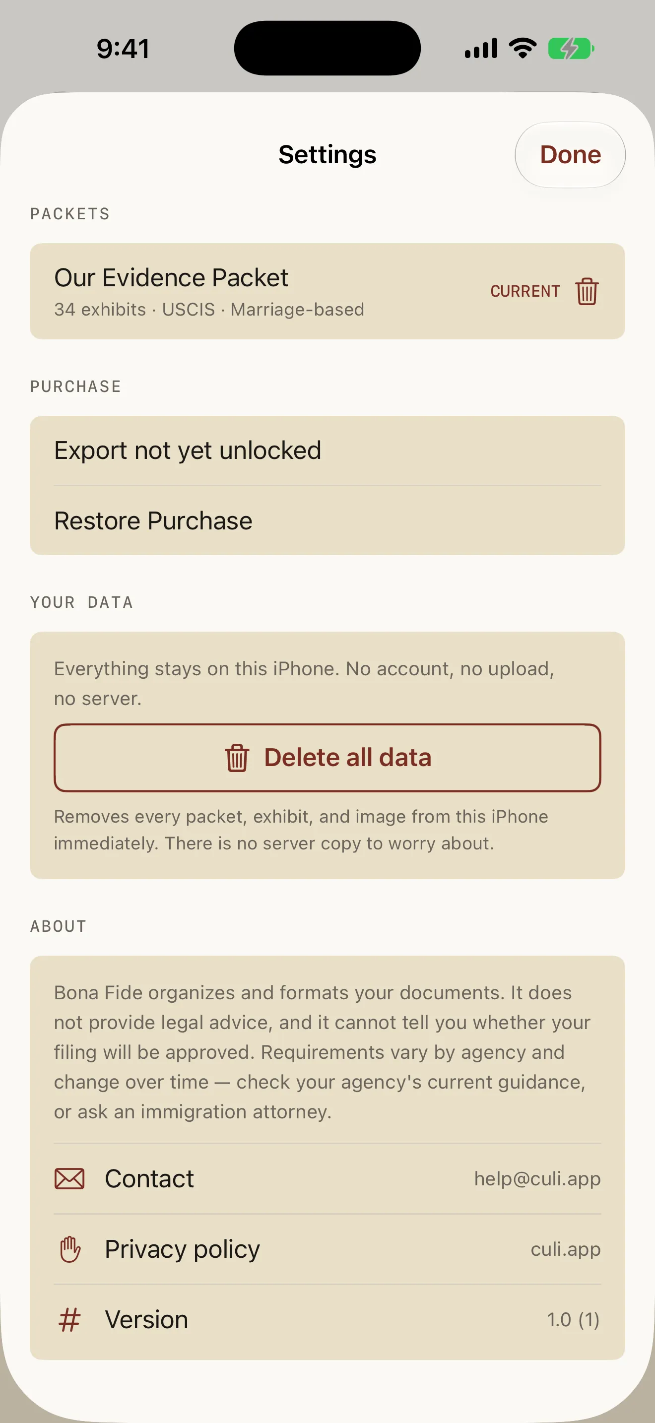 Bona Fide settings screen listing the current packet, purchase and restore rows, a Delete all data button with the note that everything stays on this iPhone, and the full disclaimer that the app does not provide legal advice