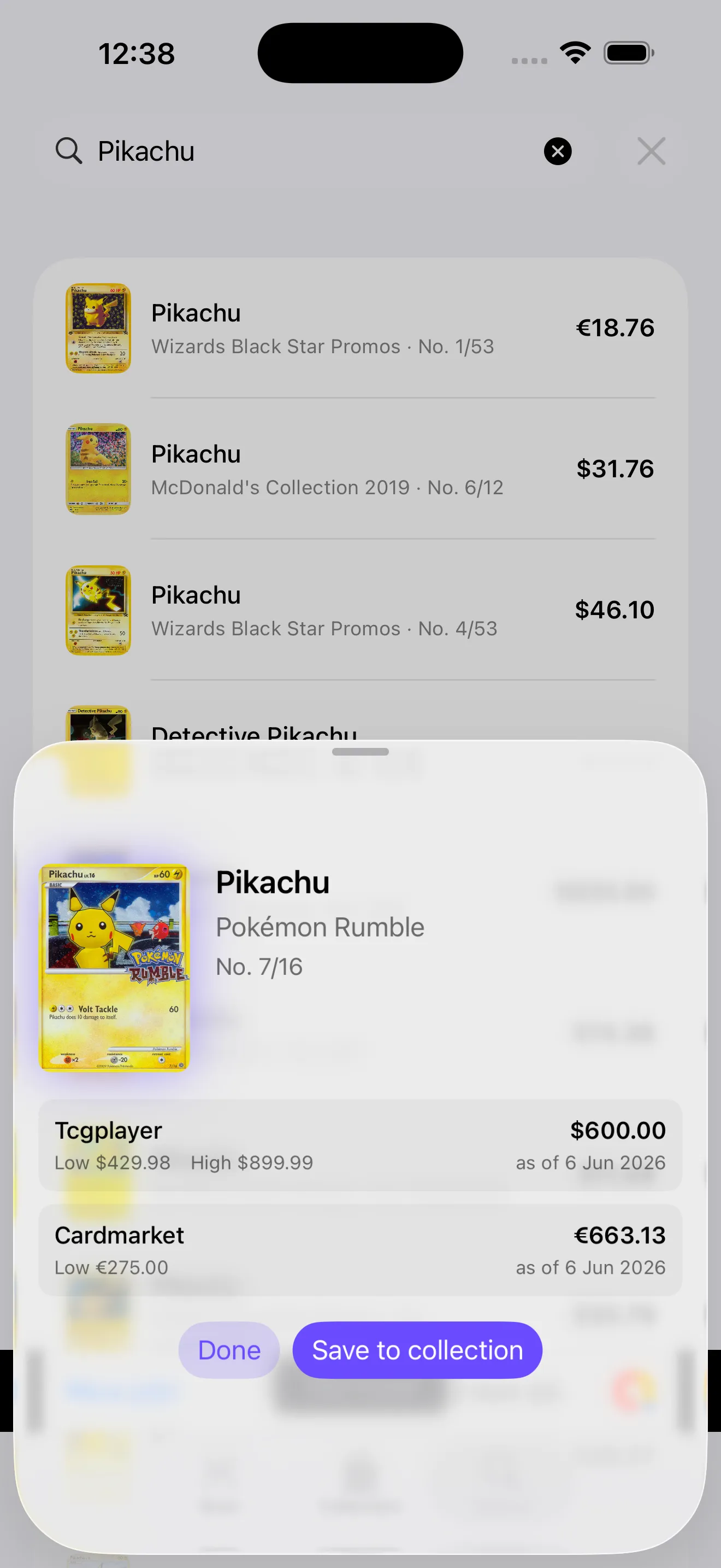 CardSnap card detail with TCGplayer and Cardmarket prices and save to collection