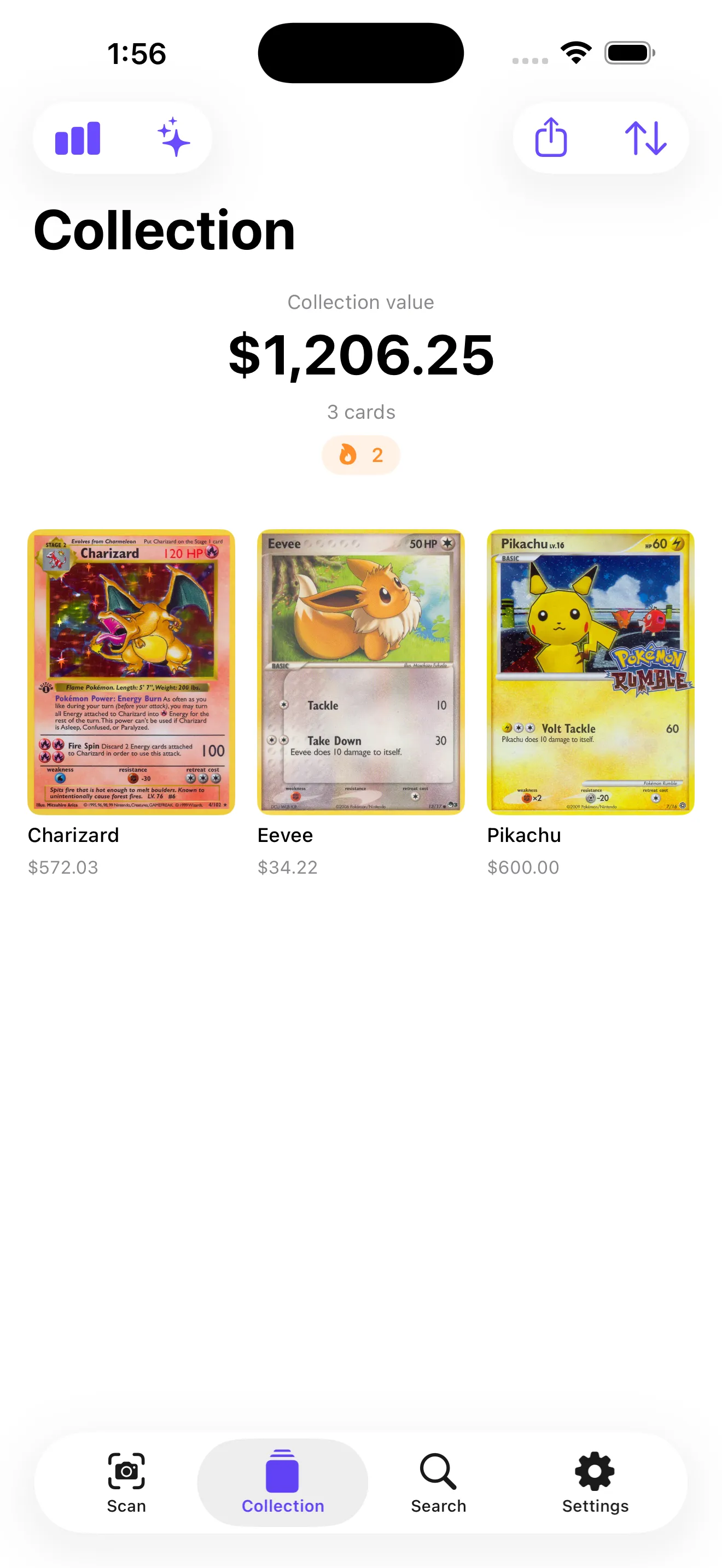 CardSnap collection grid with total value and sort controls
