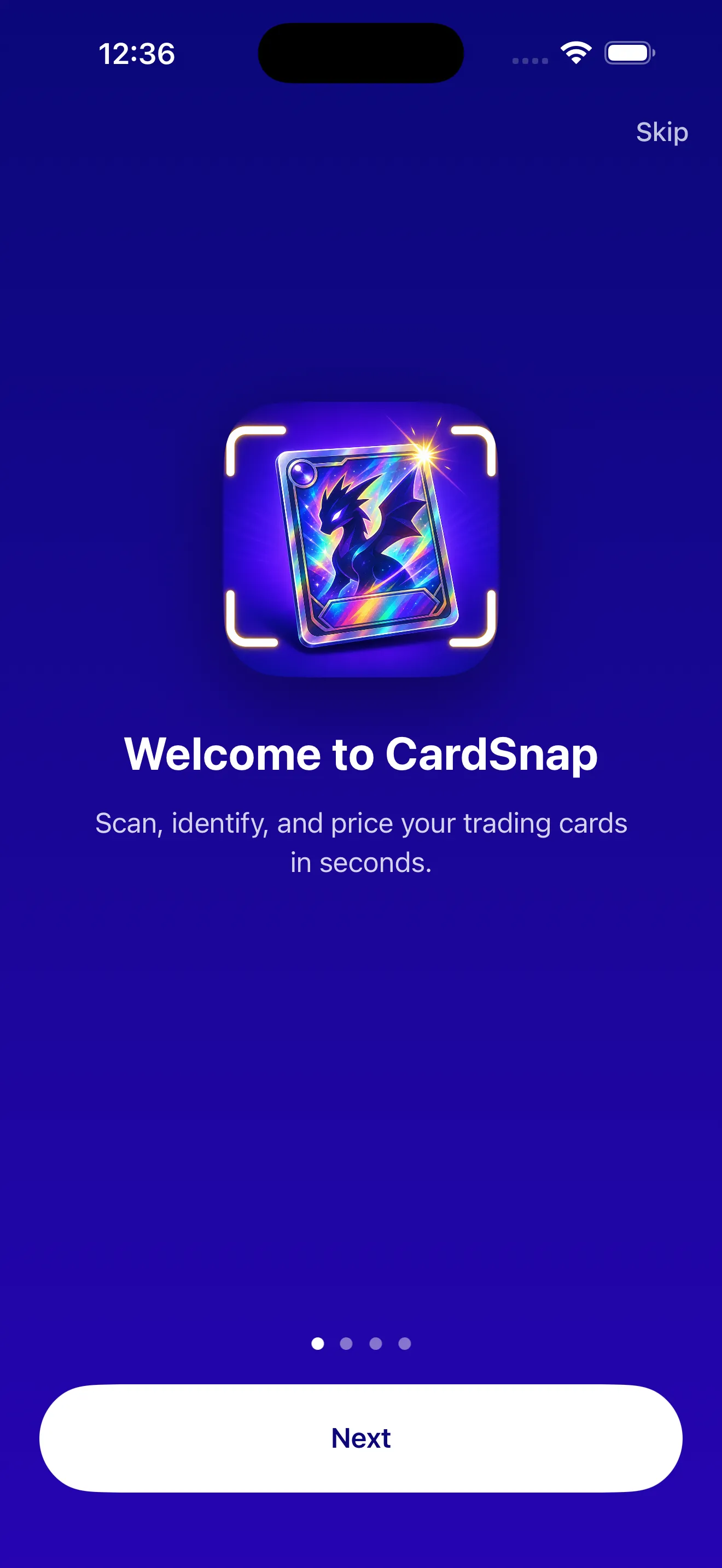 CardSnap onboarding — Welcome to CardSnap, scan, identify, and price your cards
