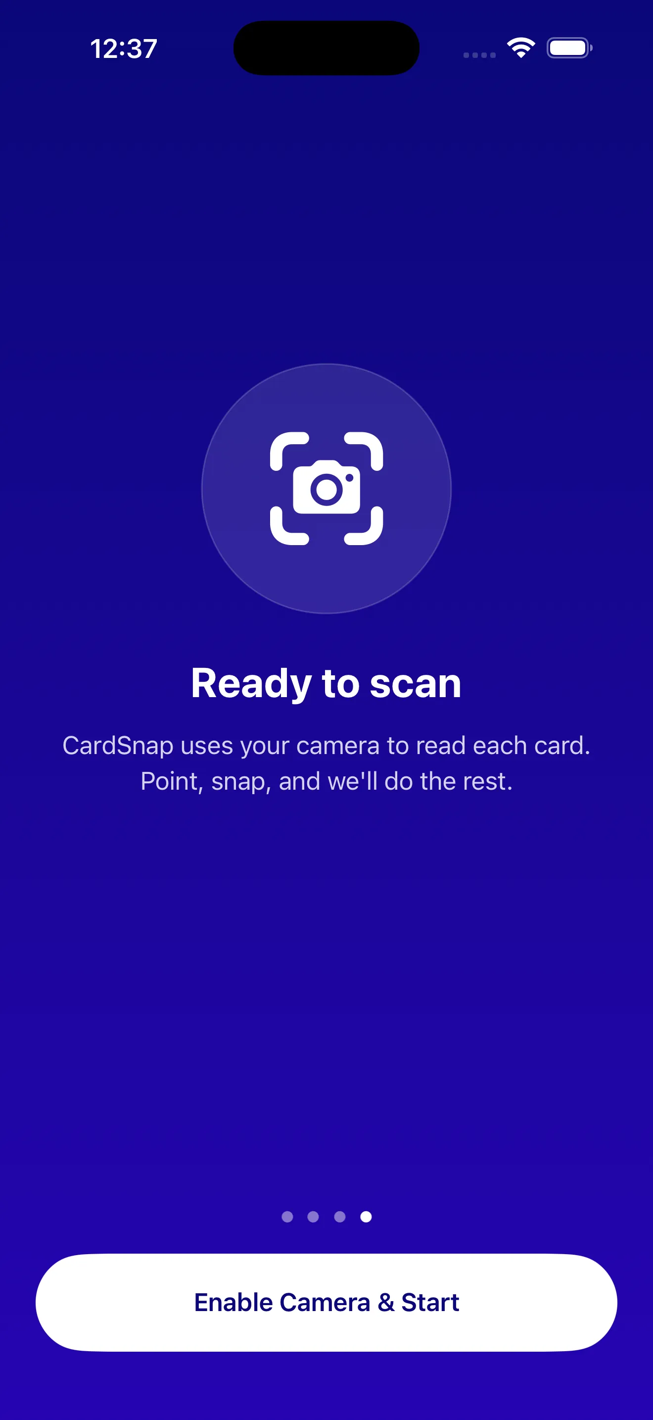 CardSnap onboarding — Ready to scan, point and snap to read each card