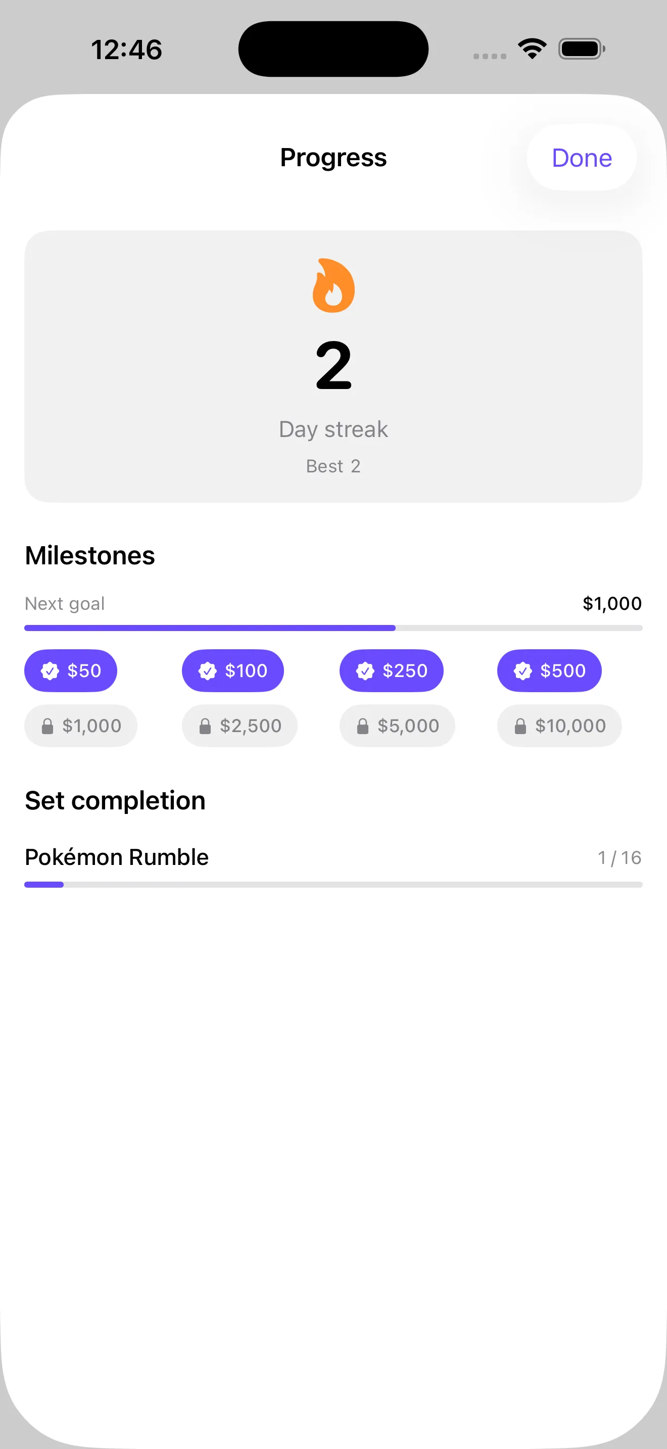 CardSnap progress with streak, value milestones, and set completion
