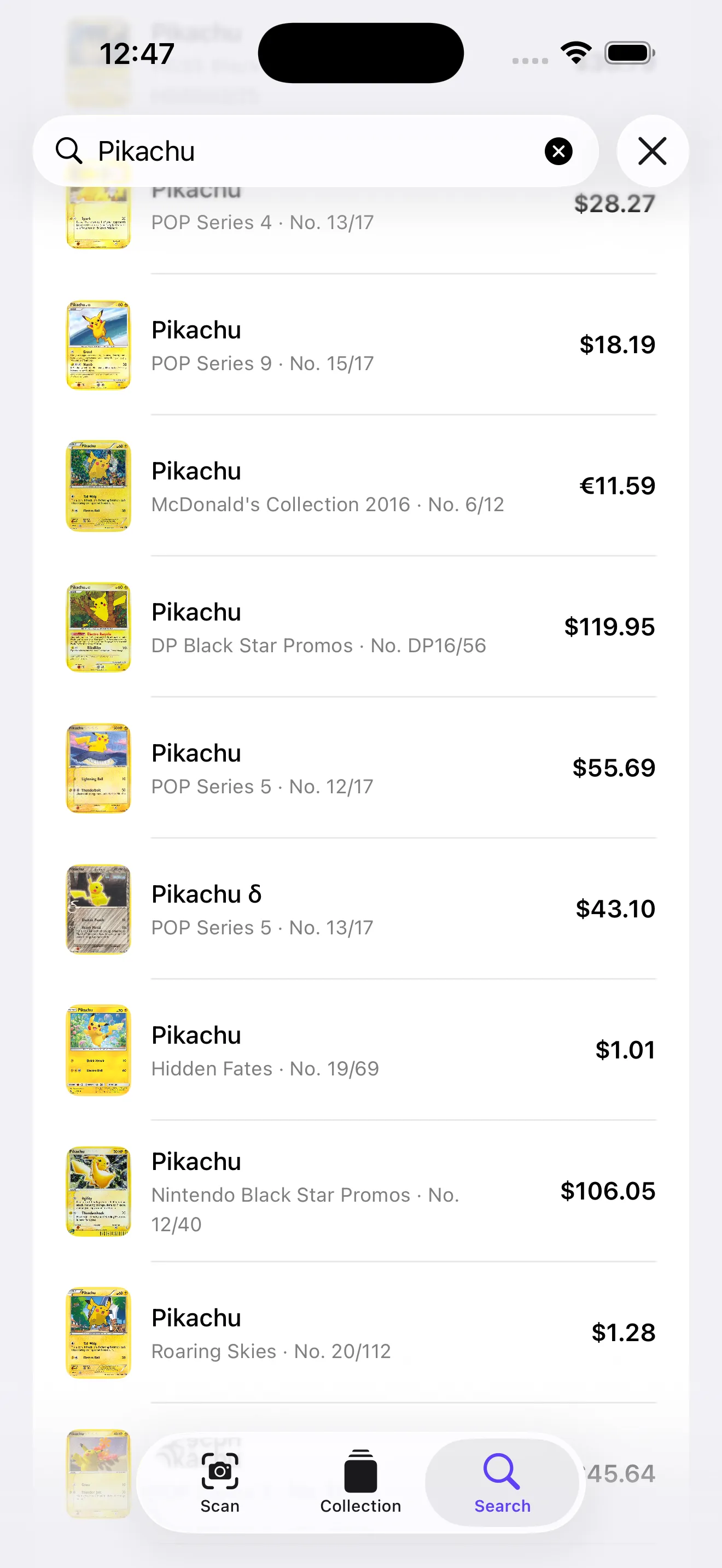 CardSnap text search results for Pikachu across multiple sets