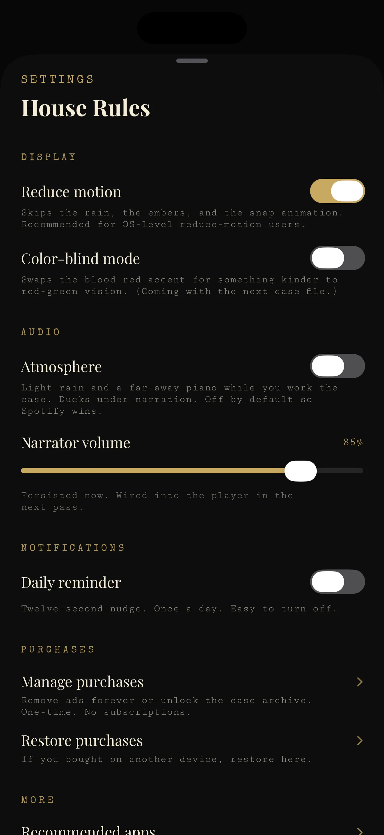Casefile Daily settings and accessibility