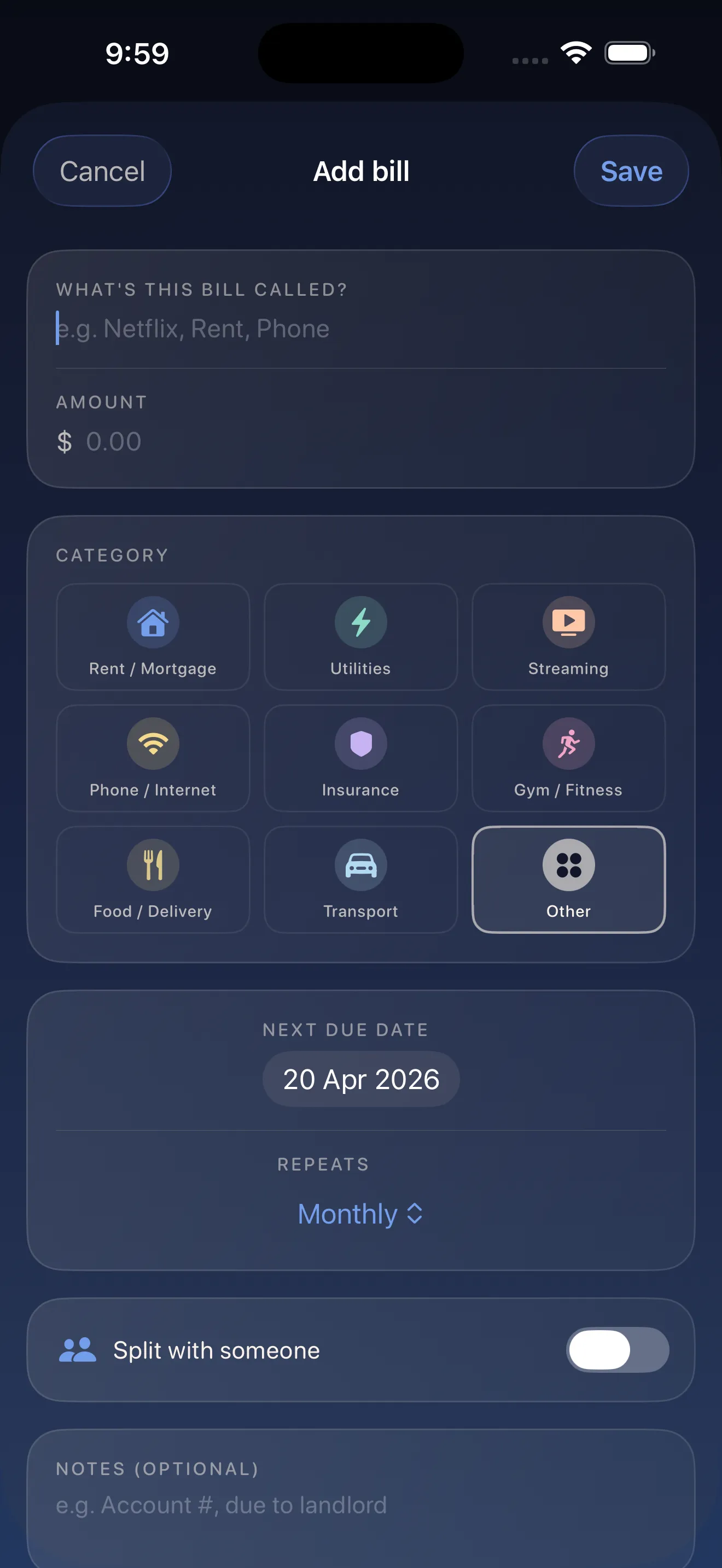 Crashout Calendar add-bill form with smart category and recurrence suggestions