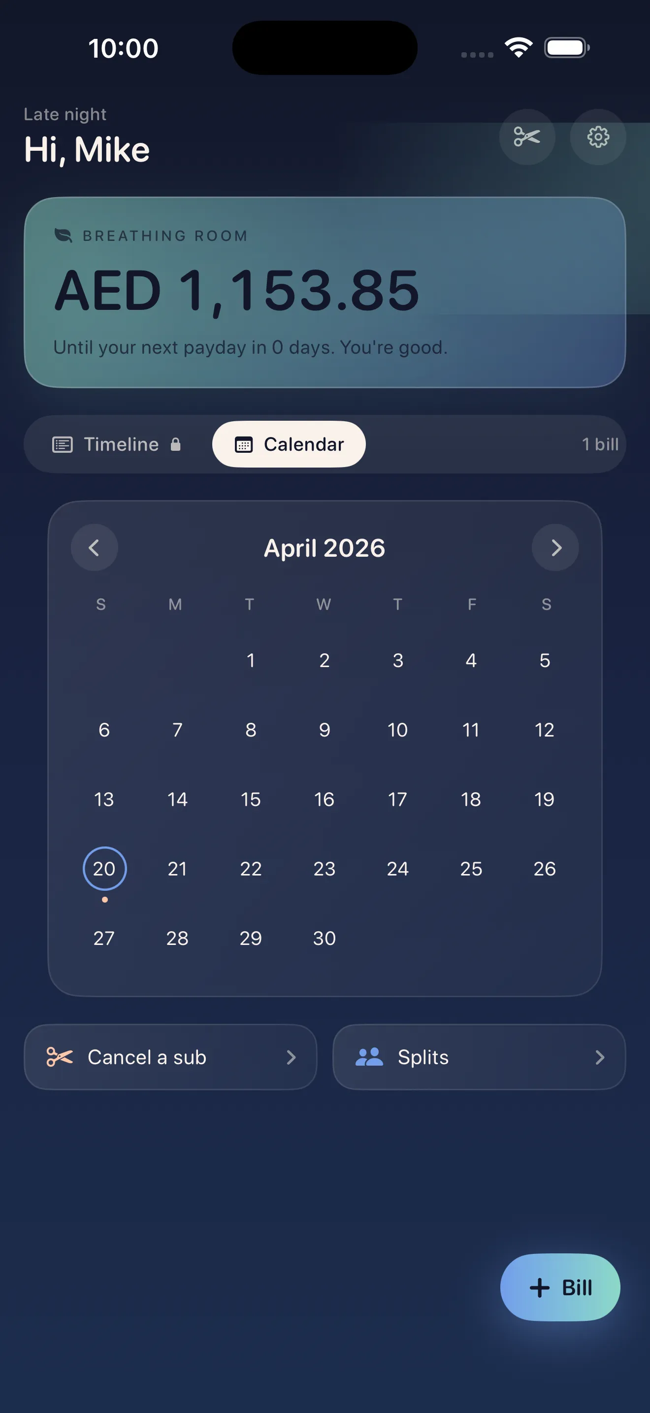 Crashout Calendar dashboard with the soft monthly calendar and breathing room indicator