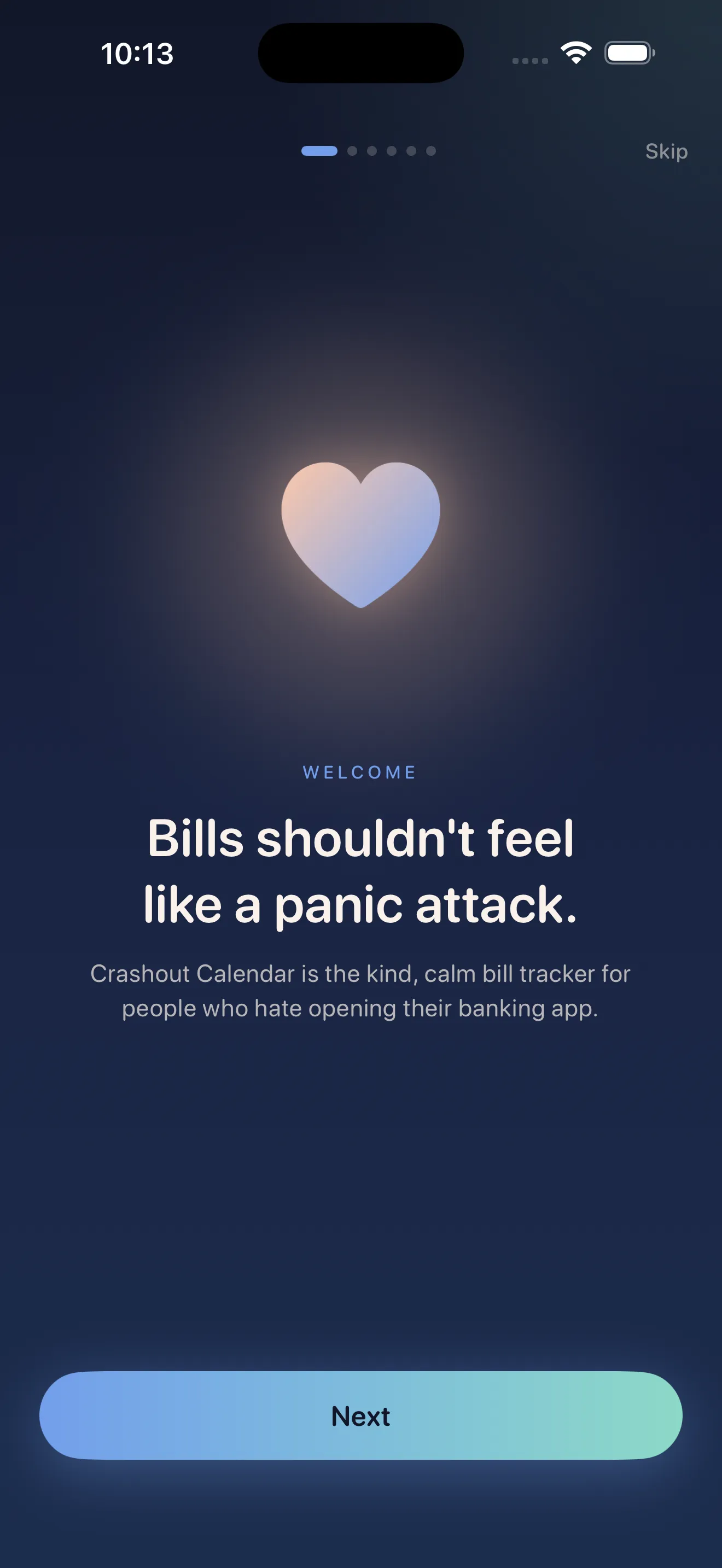 Crashout Calendar onboarding — kind, calm bill tracker