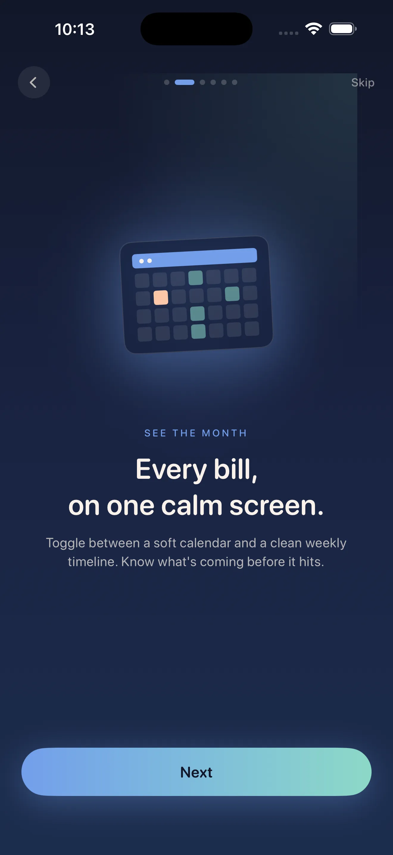 Crashout Calendar onboarding — no bank login required