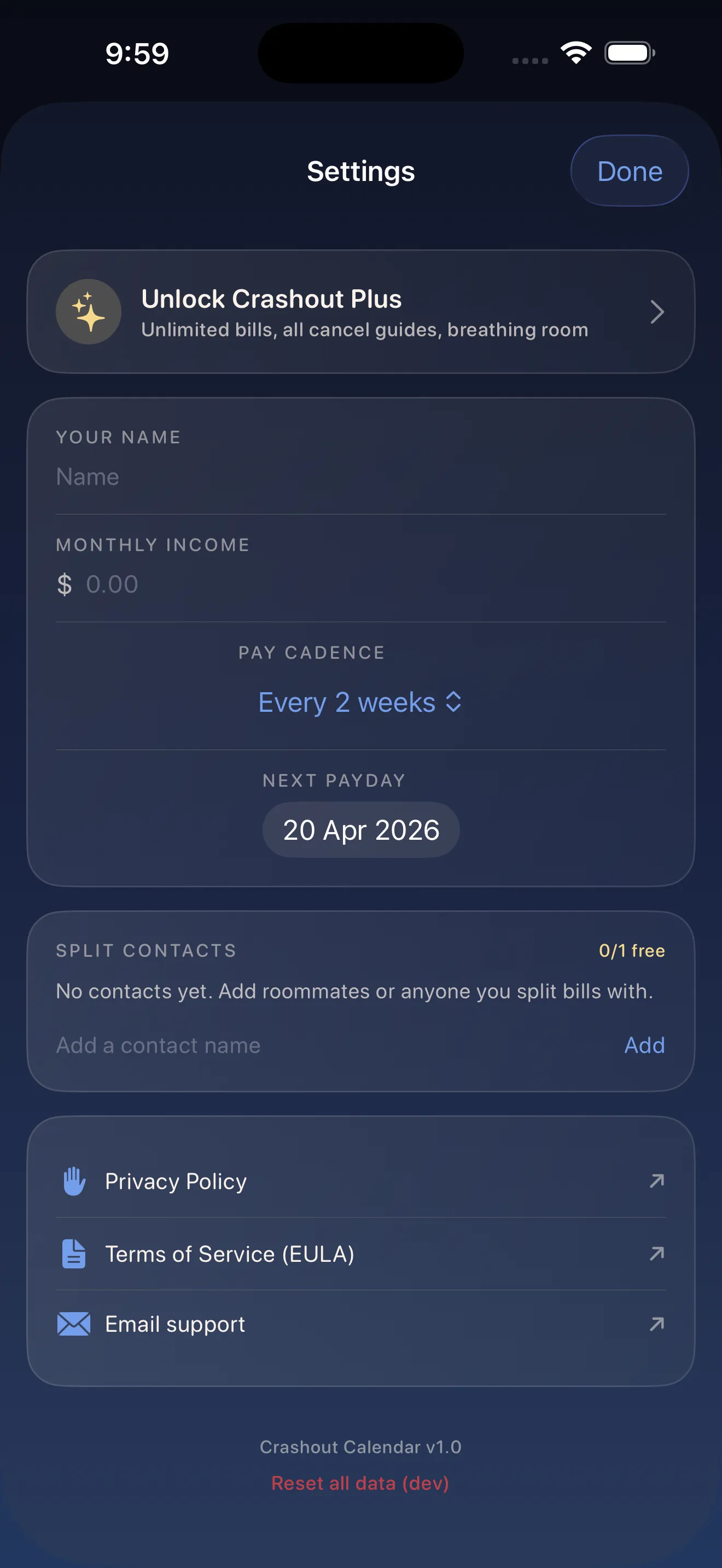 Crashout Calendar settings with cancel guides and roommate tools