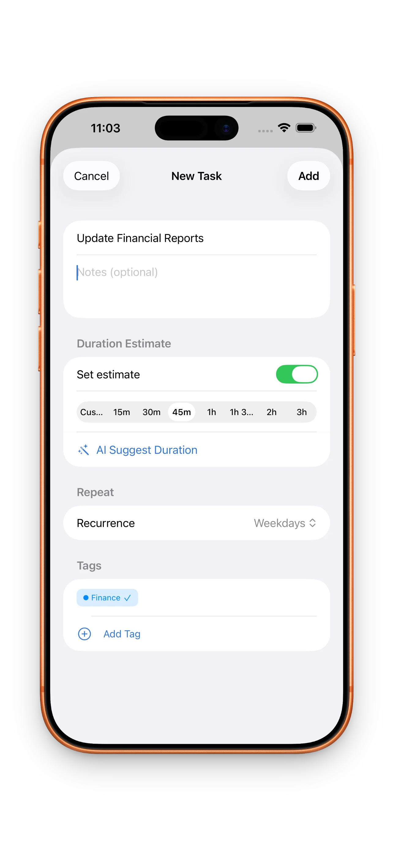 DayBox task creation screen showing time estimate input
