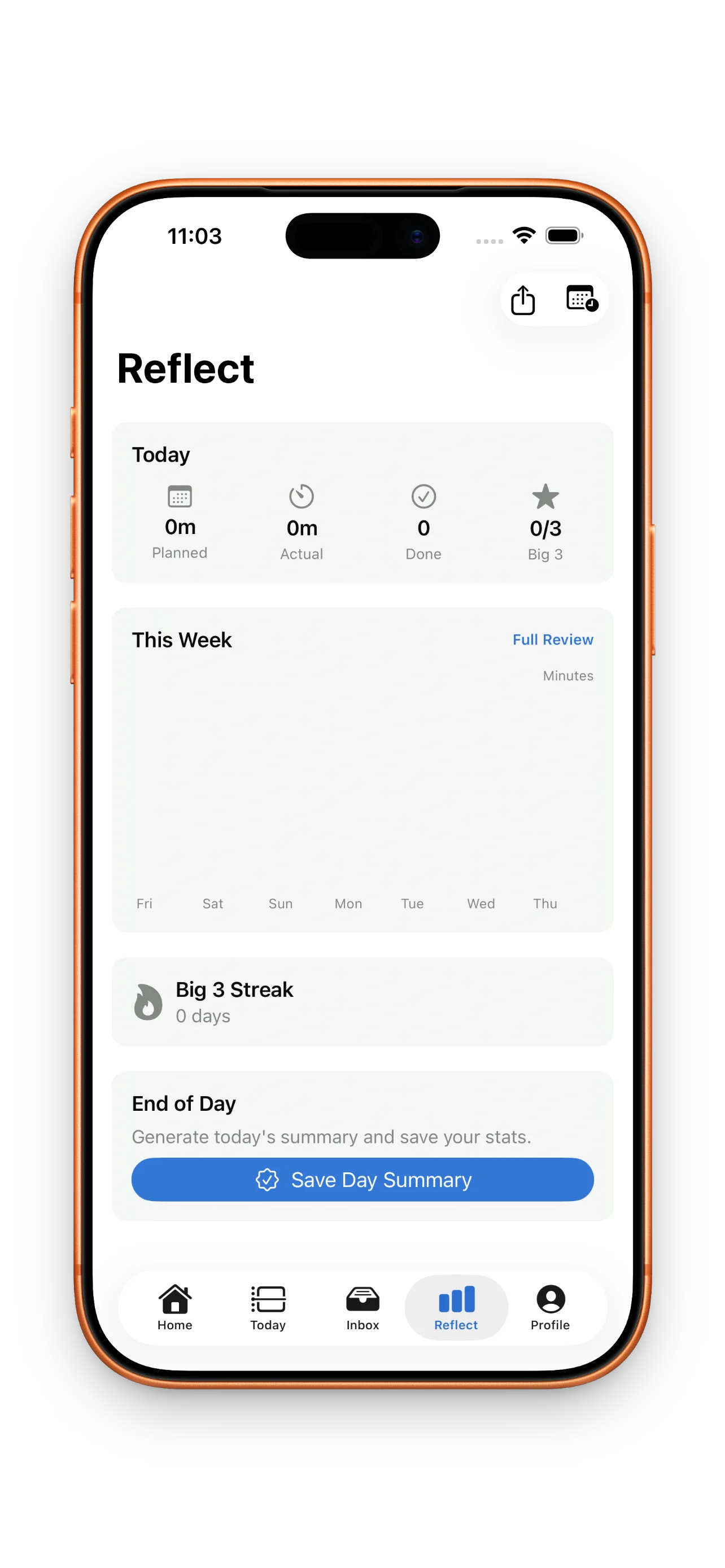 DayBox reflection screen showing planned versus actual time comparison