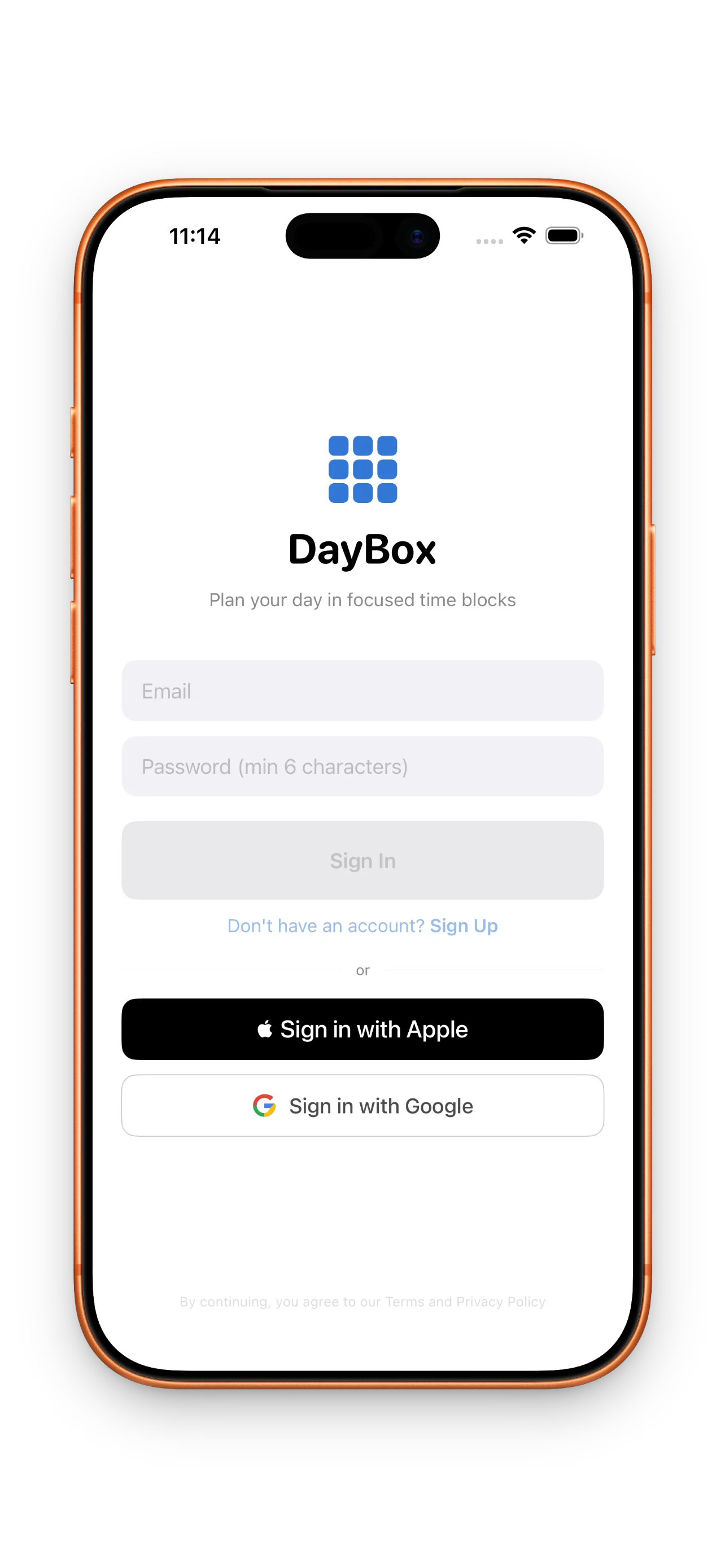 DayBox sign-in screen with email and social options