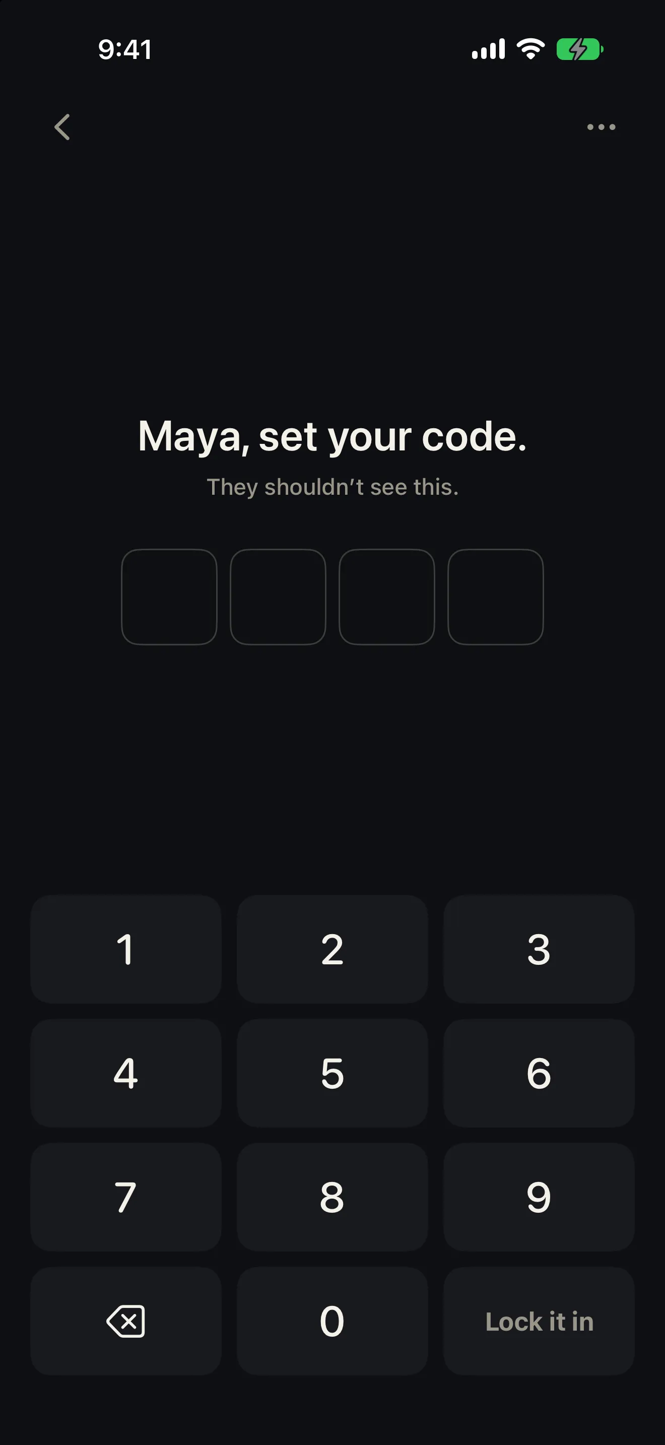 Don’t Peek set-code screen with four empty tiles, a large numpad and a Lock it in key
