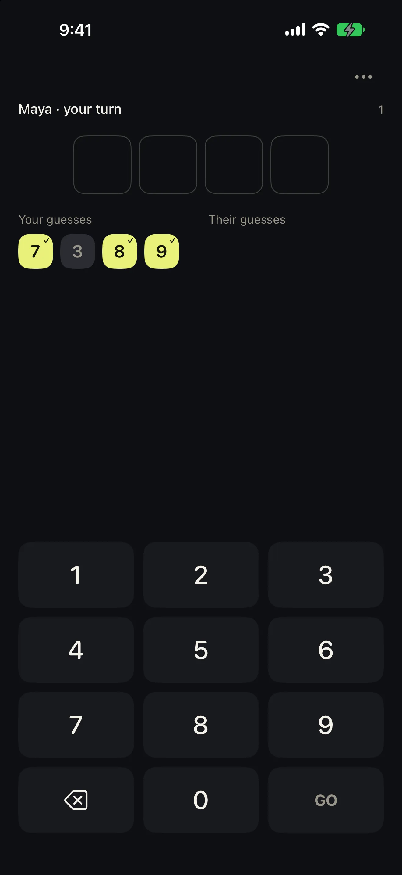 Don’t Peek match screen showing a first guess with three digits locked in lime and one miss