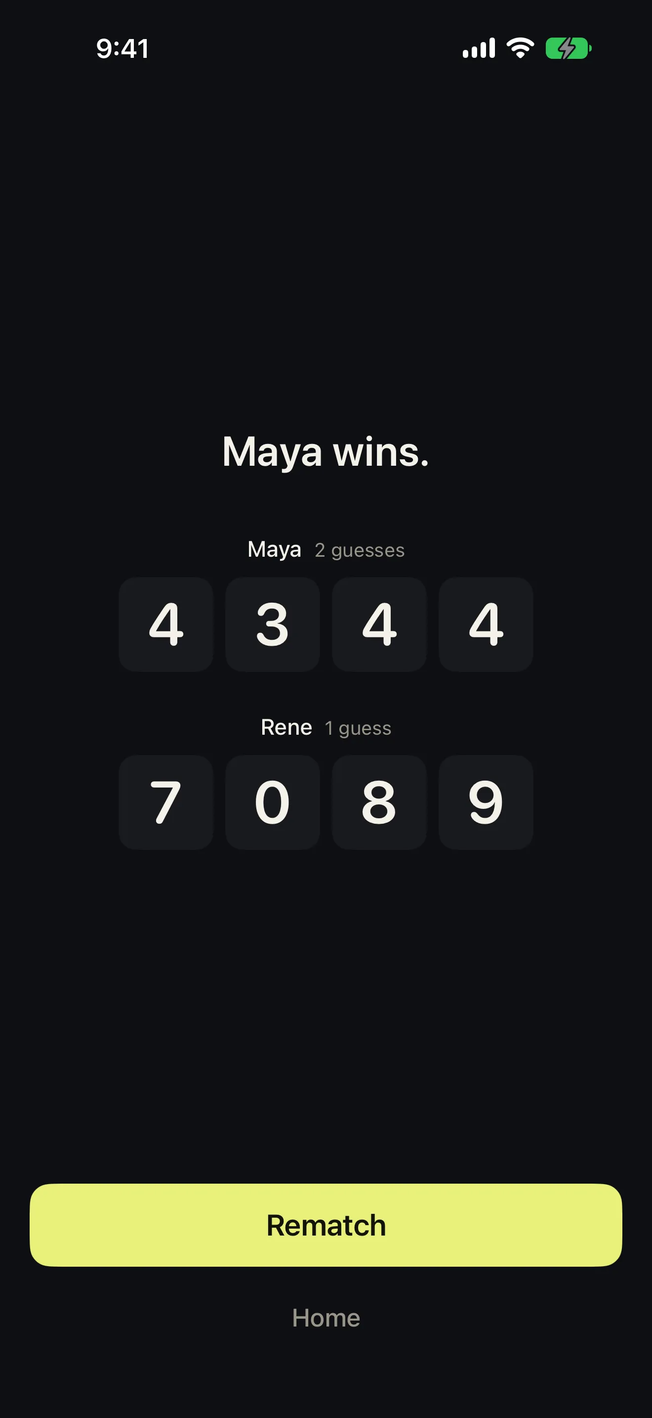 Don’t Peek win screen revealing both players’ secret codes with guess counts and a Rematch button