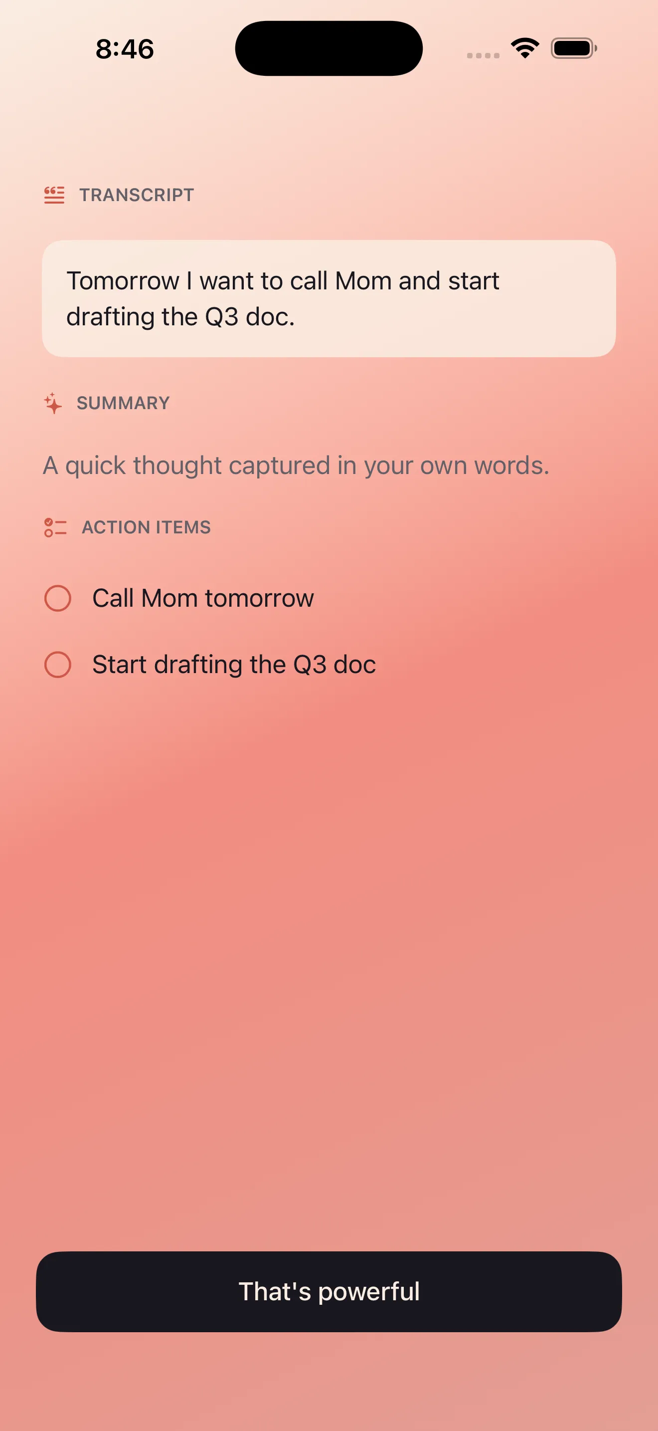 Echo transcript reveal with summary and actions