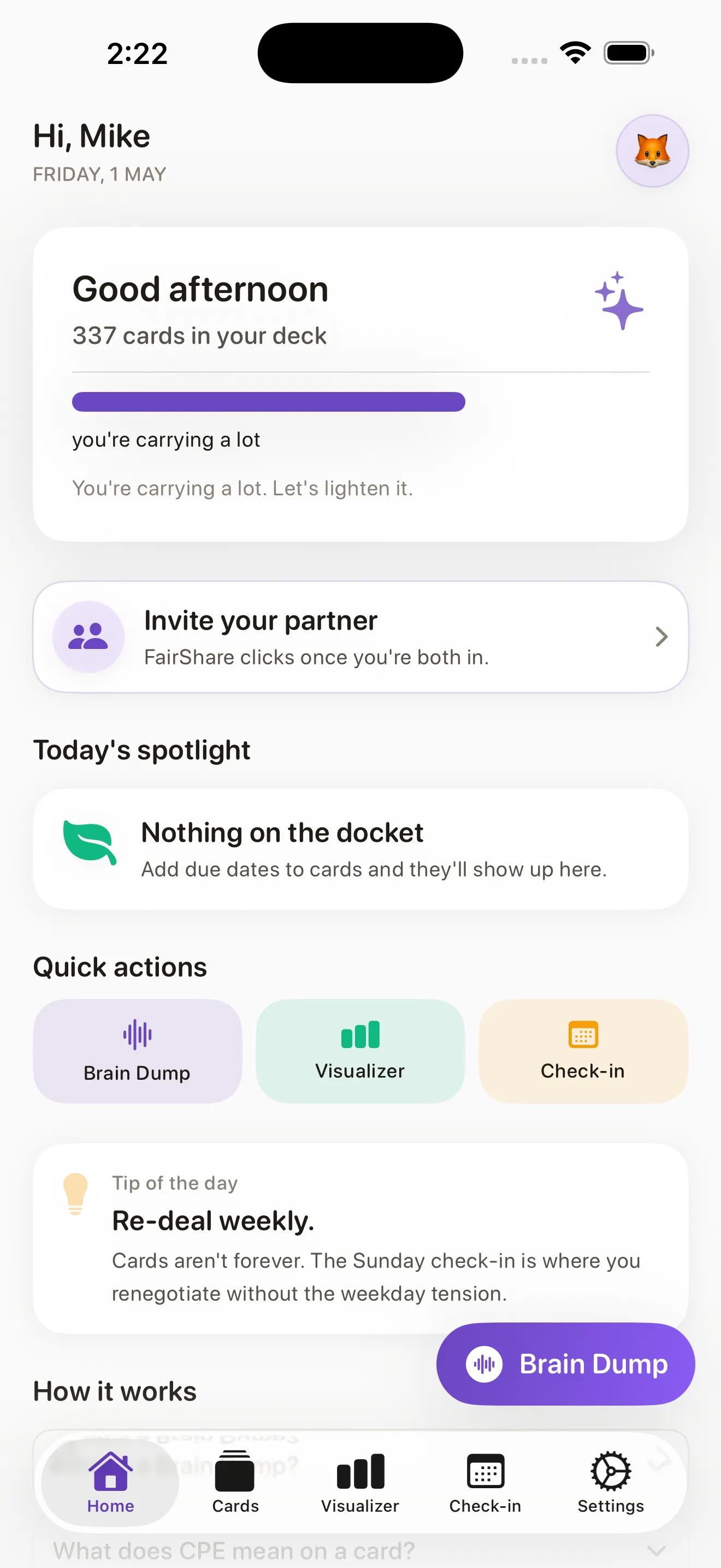 FairShare Home tab dashboard