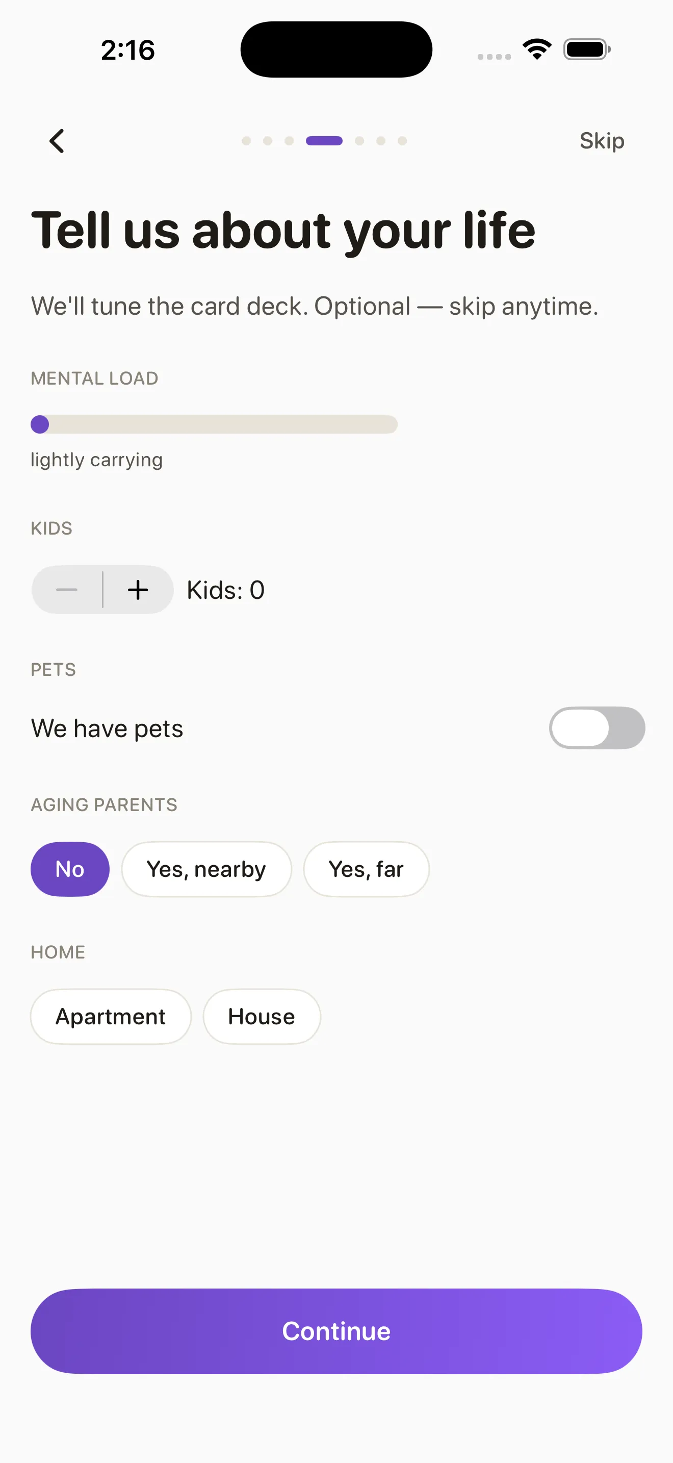 FairShare life context onboarding prompts